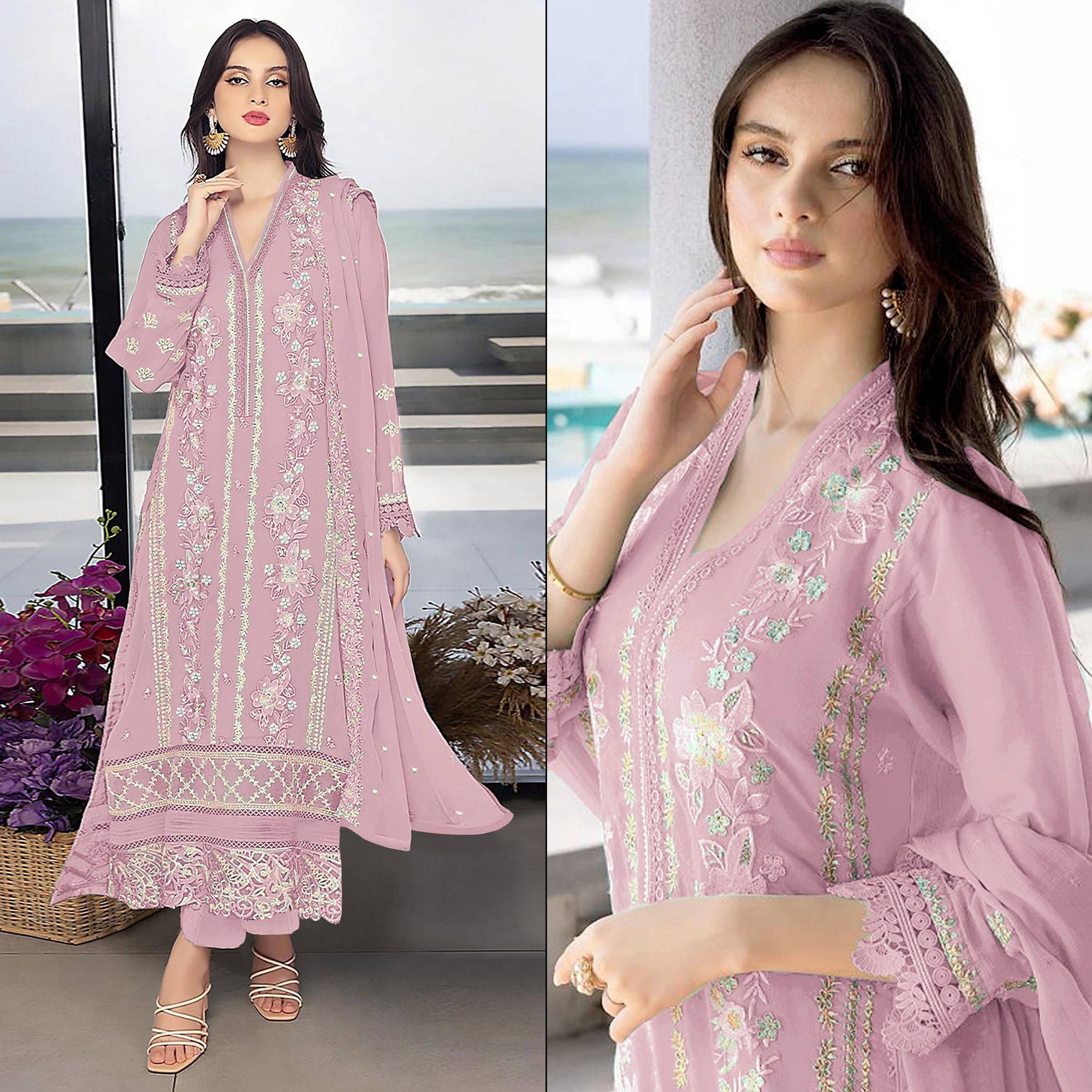 Pink Floral Embroidered Georgette Semi Stitched Pakistani Suit