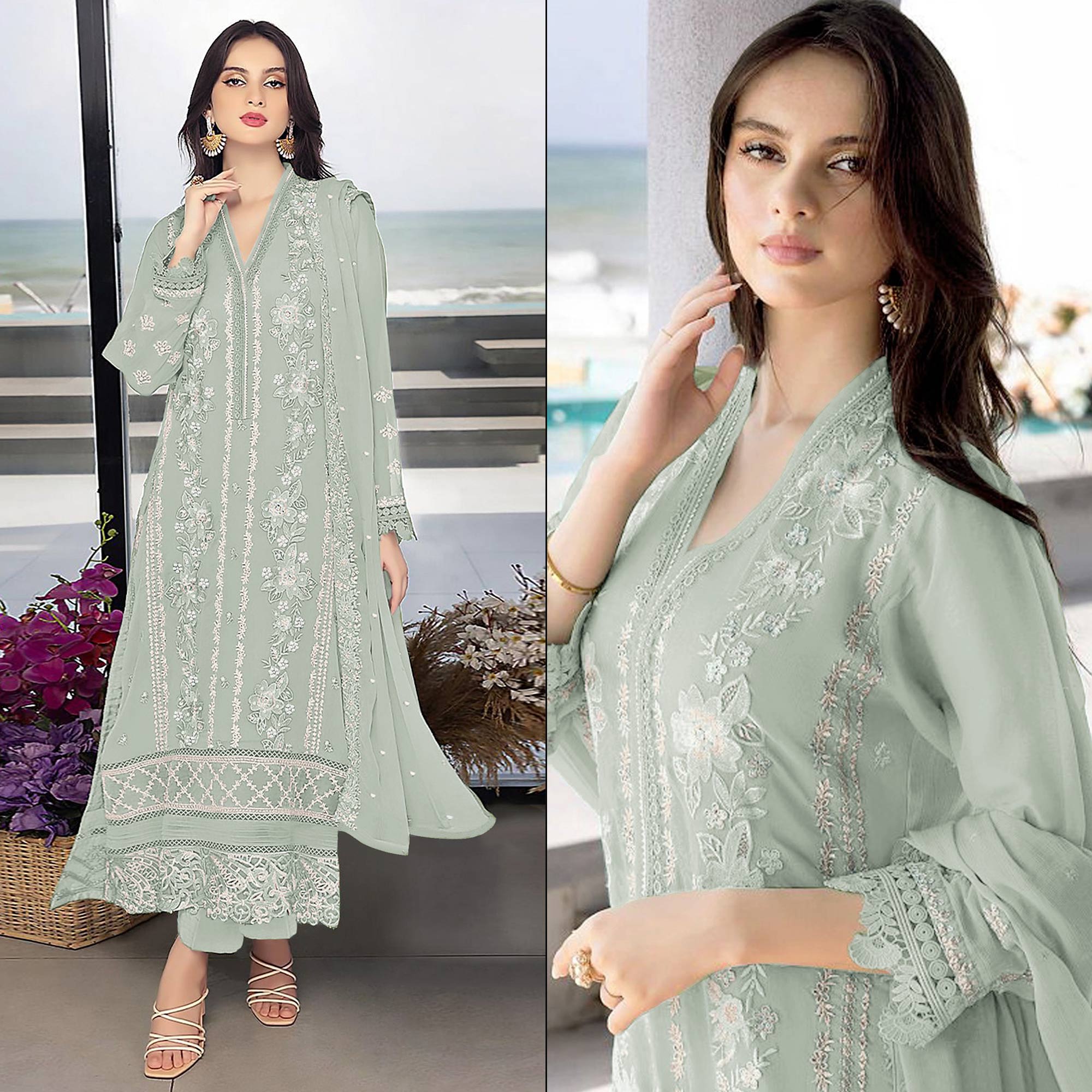 Pista Green Floral Embroidered Georgette Semi Stitched Pakistani Suit