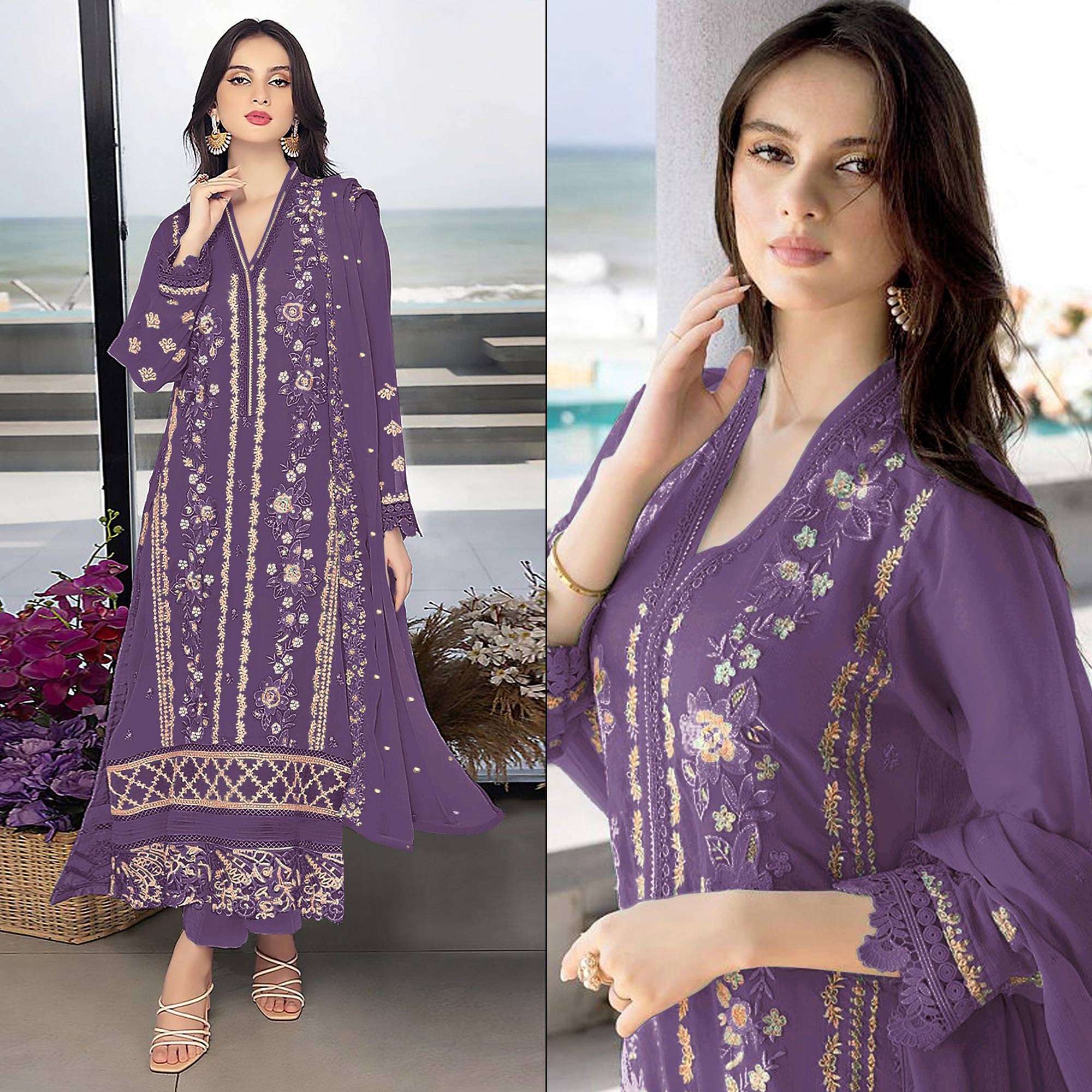 Purple Floral Embroidered Georgette Semi Stitched Pakistani Suit