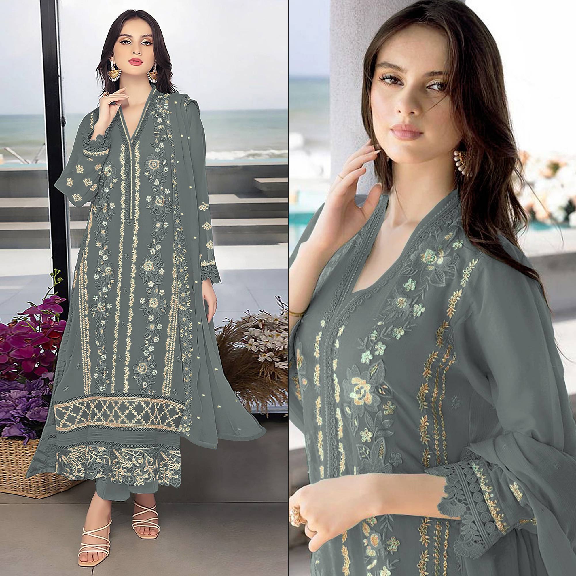 Grey Floral Embroidered Georgette Semi Stitched Pakistani Suit