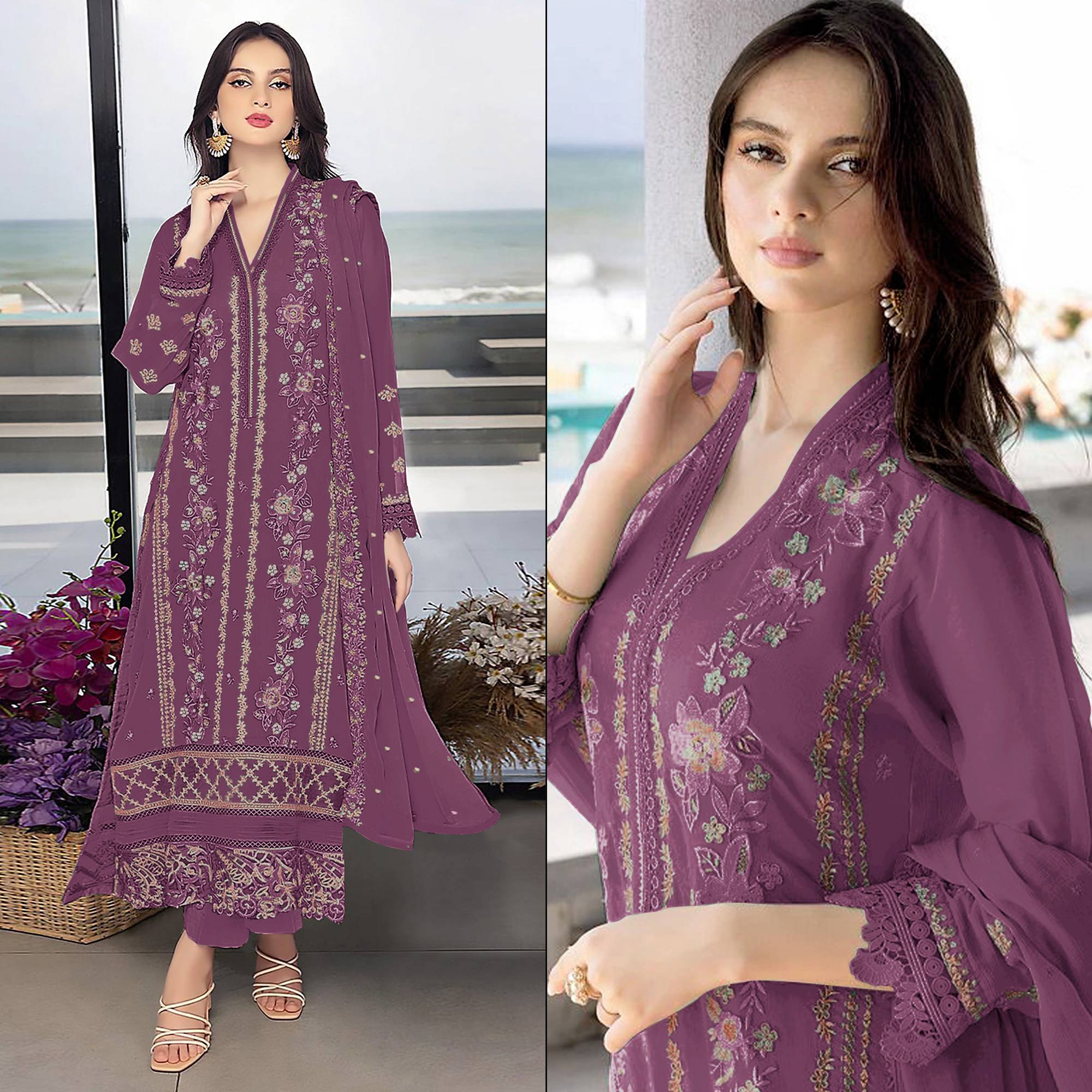 Dark Mauve Floral Embroidered Georgette Semi Stitched Pakistani Suit