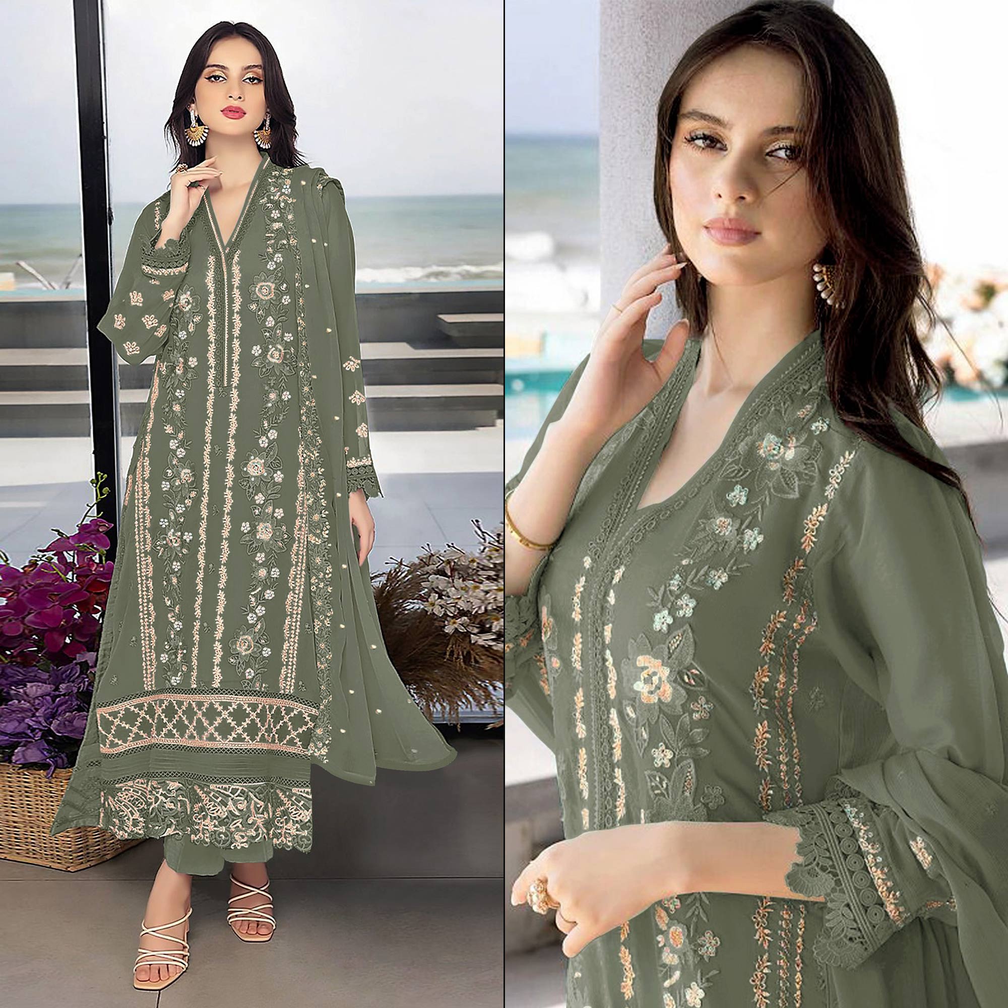 Mehendi Green Floral Embroidered Georgette Semi Stitched Pakistani Suit