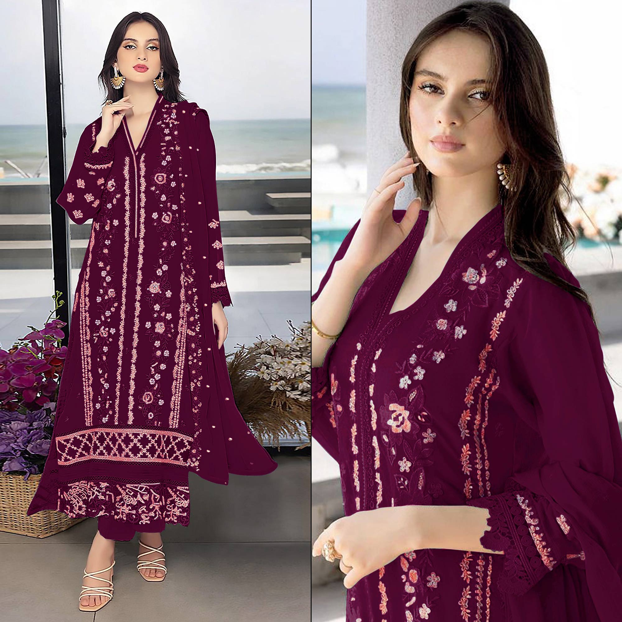 Wine Floral Embroidered Georgette Semi Stitched Pakistani Suit