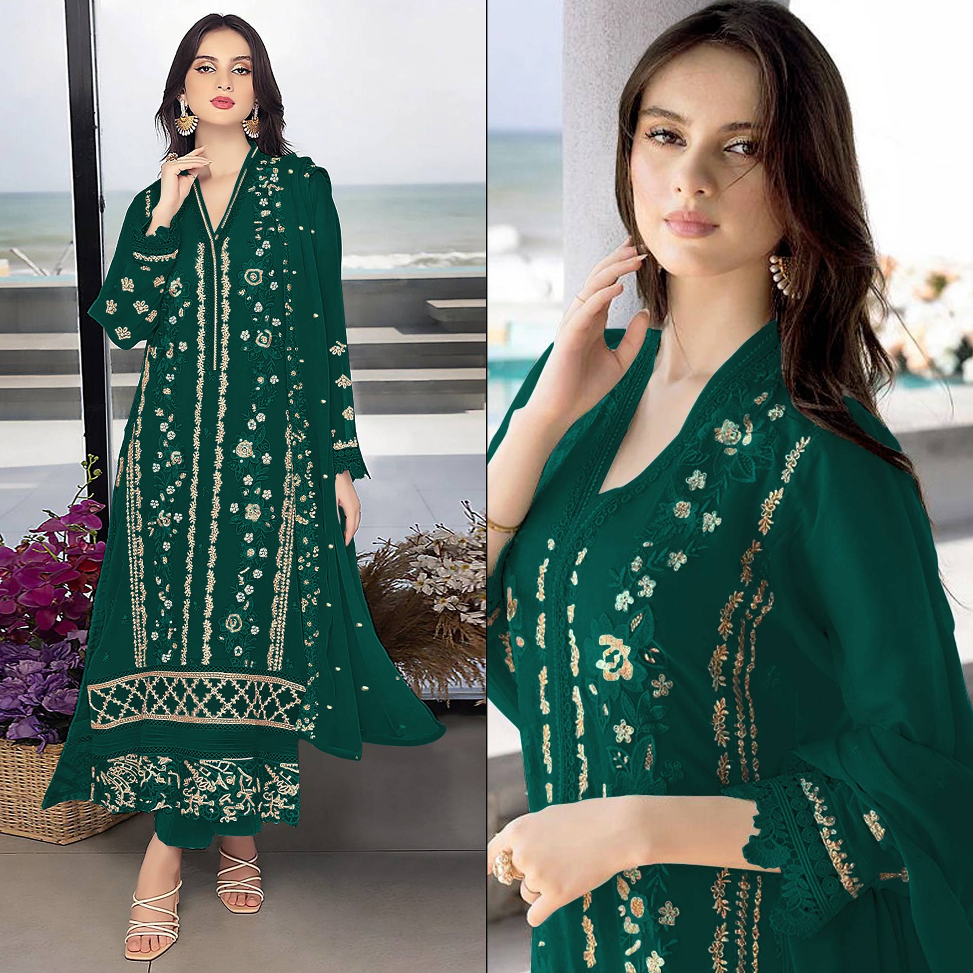 Rama Green Floral Embroidered Georgette Semi Stitched Pakistani Suit