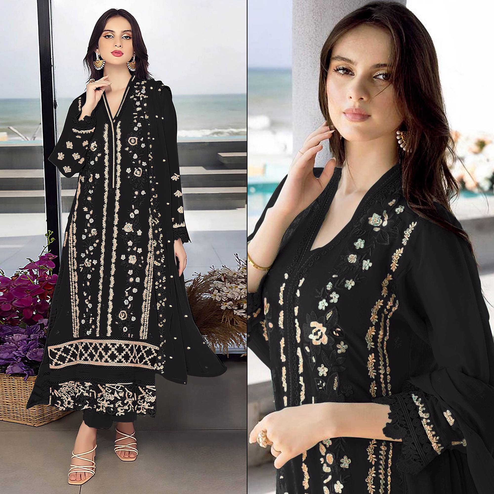 Black Floral Embroidered Georgette Semi Stitched Pakistani Suit