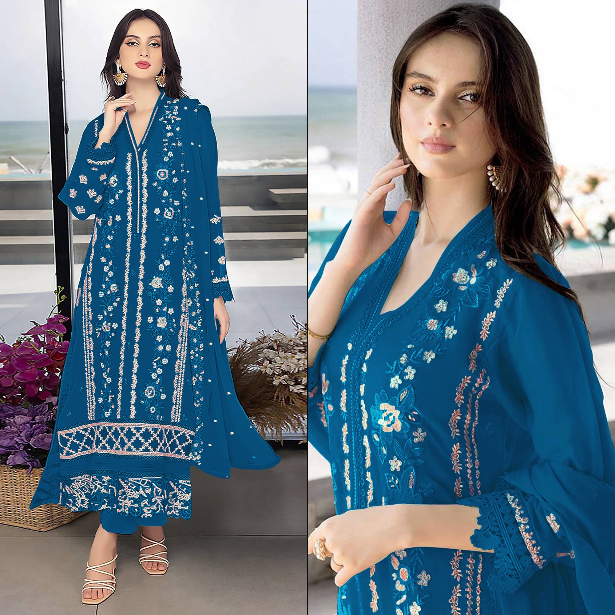 Blue Floral Embroidered Georgette Semi Stitched Pakistani Suit