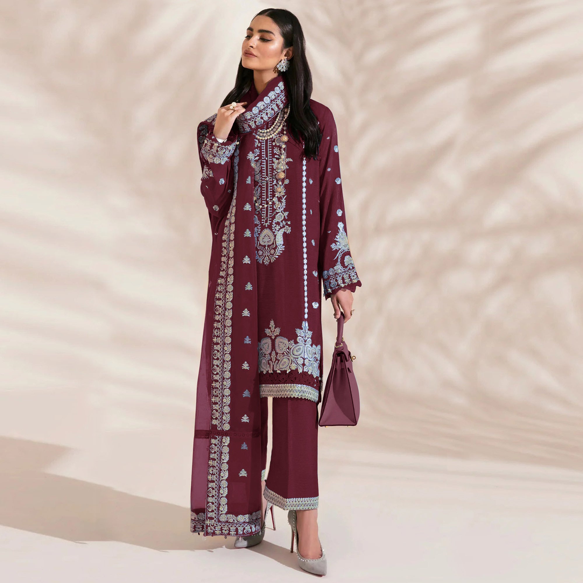 Brick Red Floral Embroidered Georgette Semi Stitched Pakistani Suit