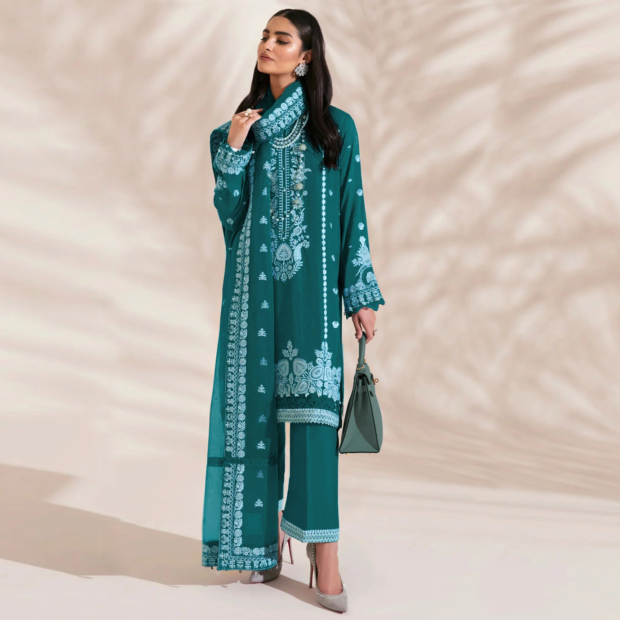 Teal Floral Embroidered Georgette Semi Stitched Pakistani Suit