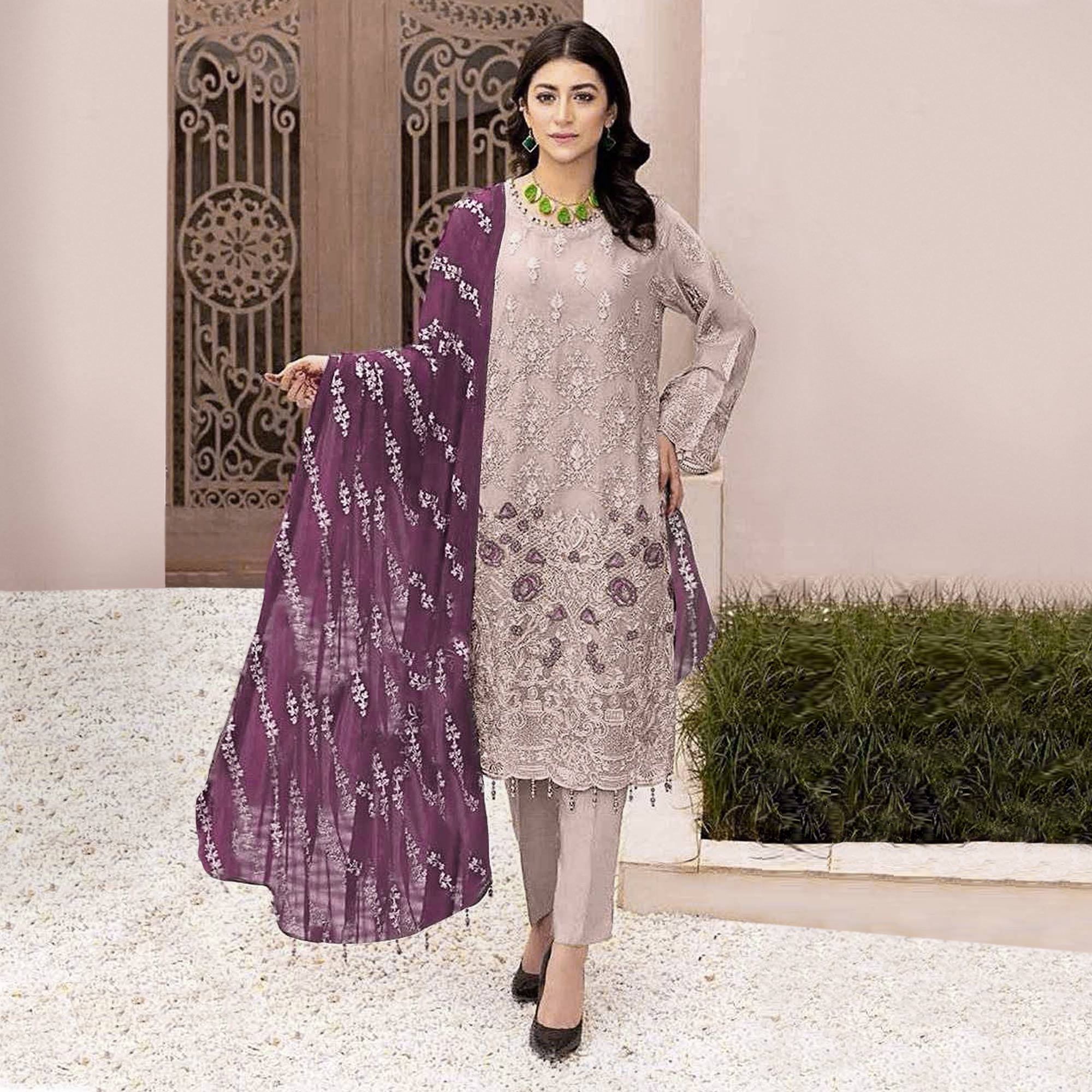Peach Floral Embroidered Georgette Semi Stitched Pakistani Suit