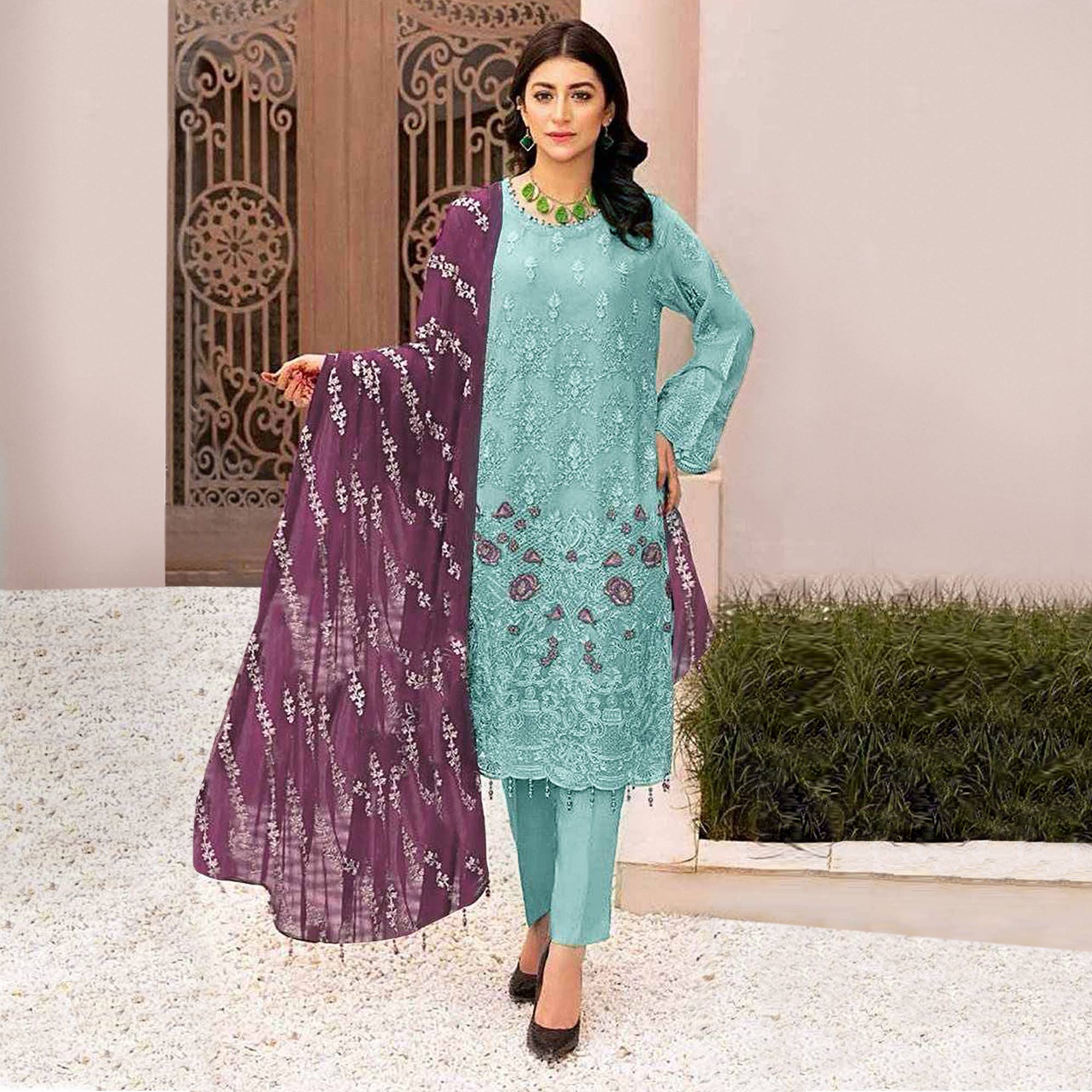 Blue Floral Embroidered Georgette Semi Stitched Pakistani Suit