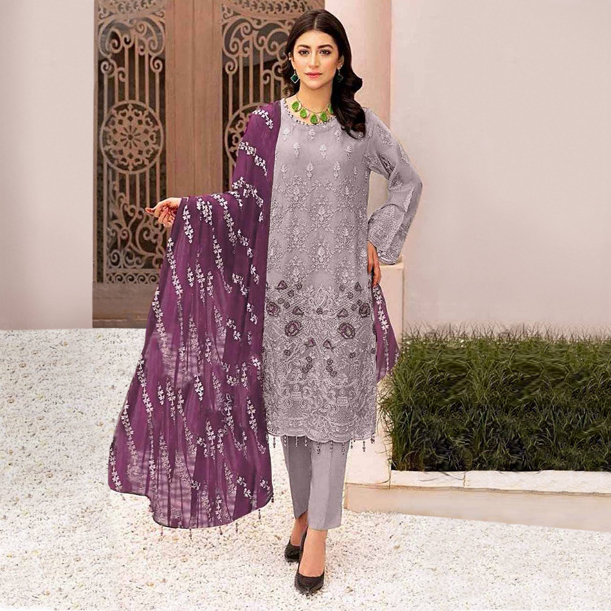 Mauve Floral Embroidered Georgette Semi Stitched Pakistani Suit