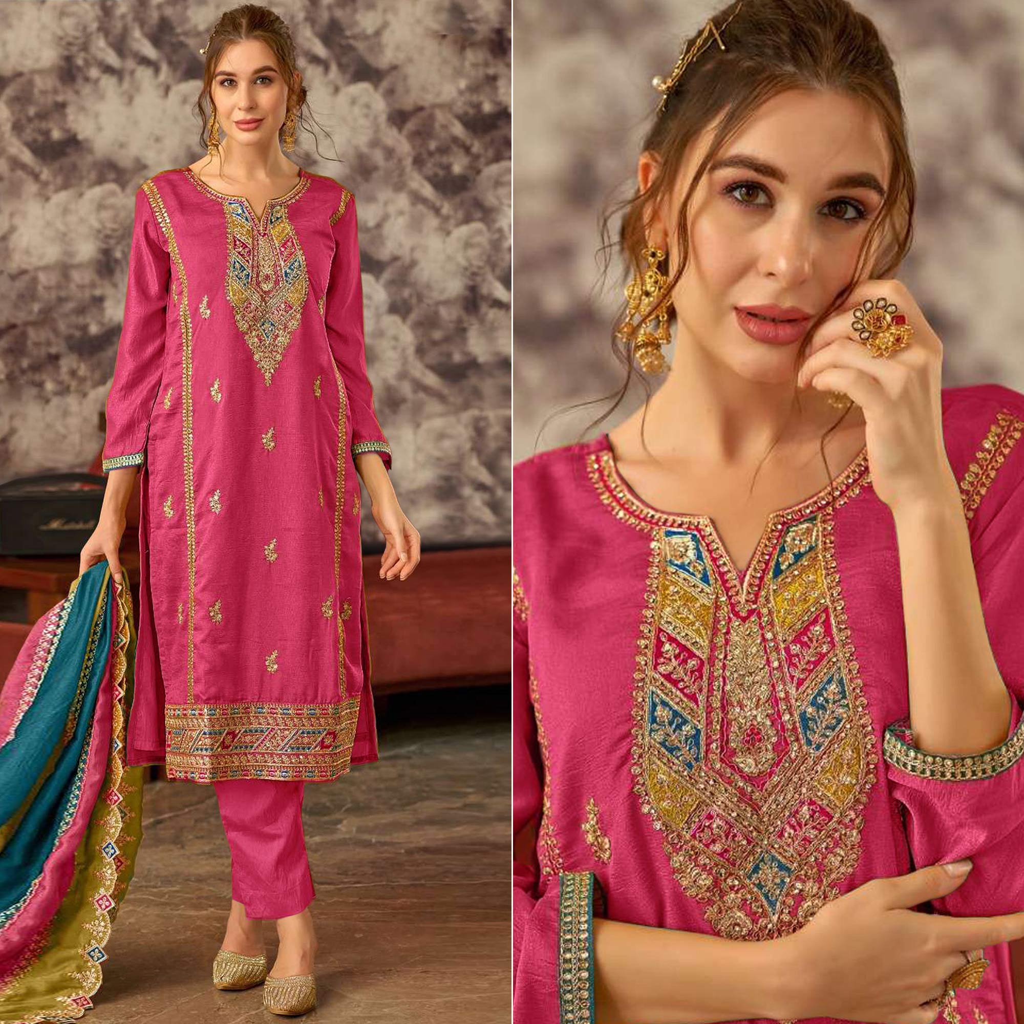 Pink Floral Embroidered Vichitra Silk Semi Stitched Pakistani Dress Material