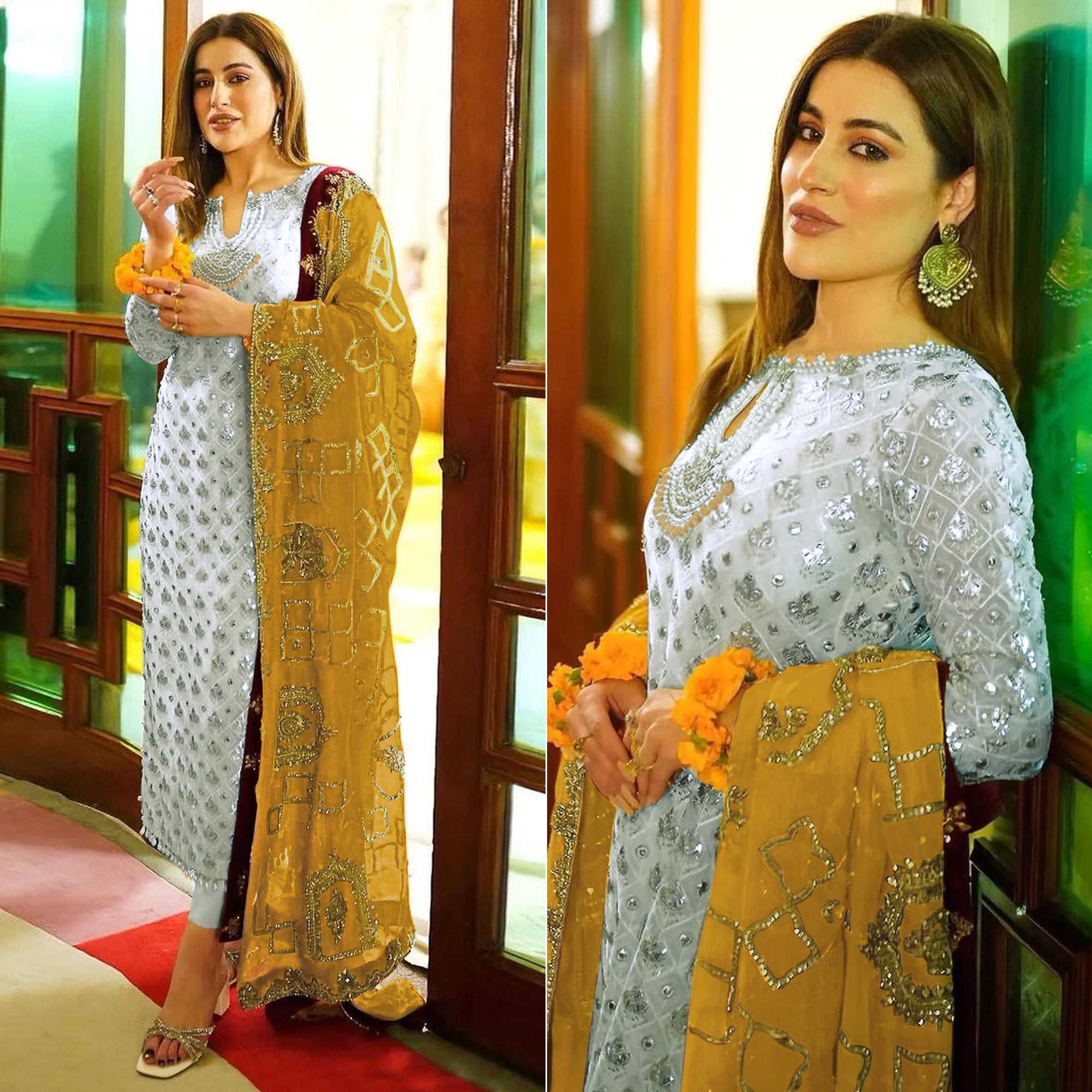 Off White Floral Embroidered Georgette Semi Stitched Pakistani Suit