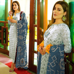 Off White Floral Embroidered Georgette Semi Stitched Pakistani Suit