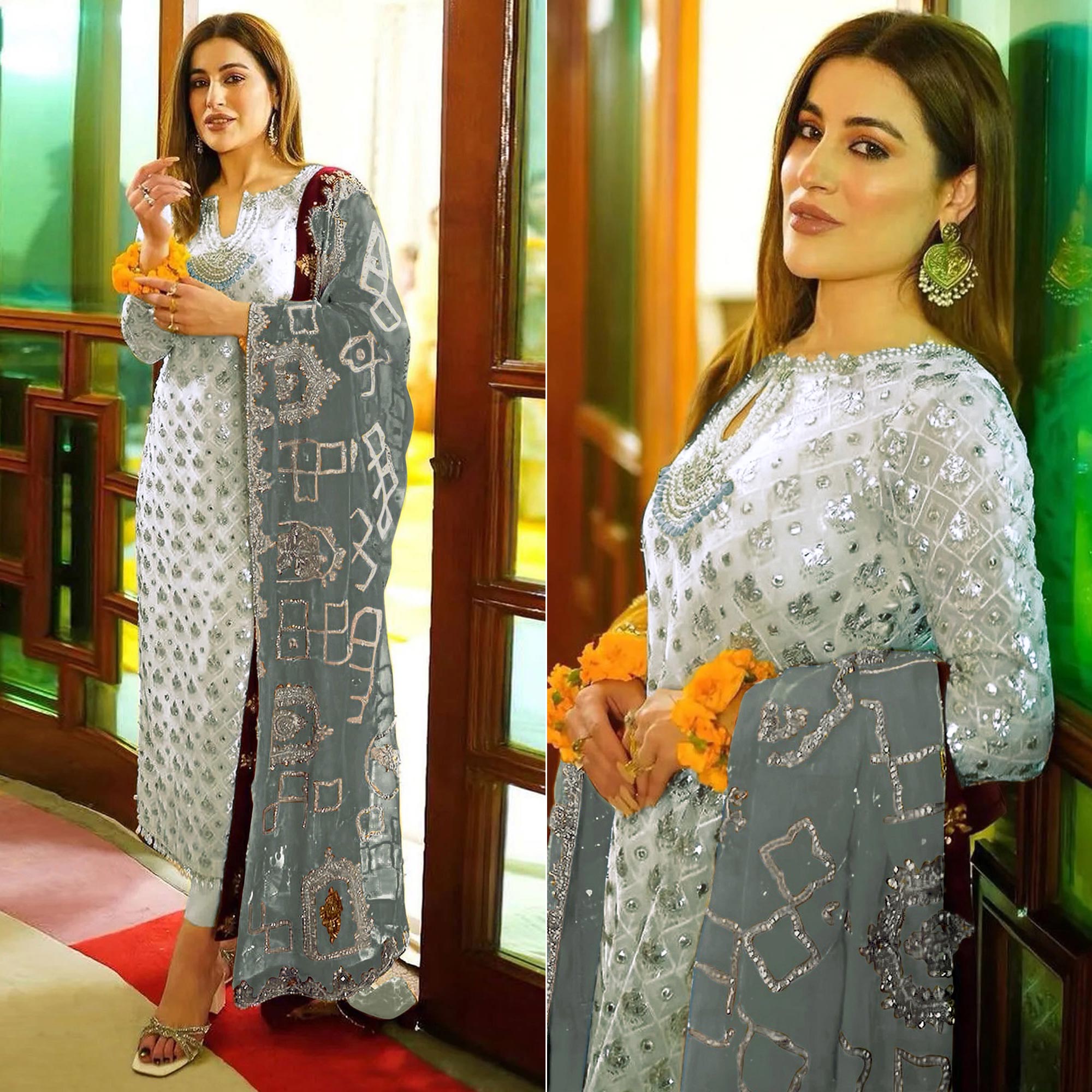 Off White Floral Embroidered Georgette Semi Stitched Pakistani Suit