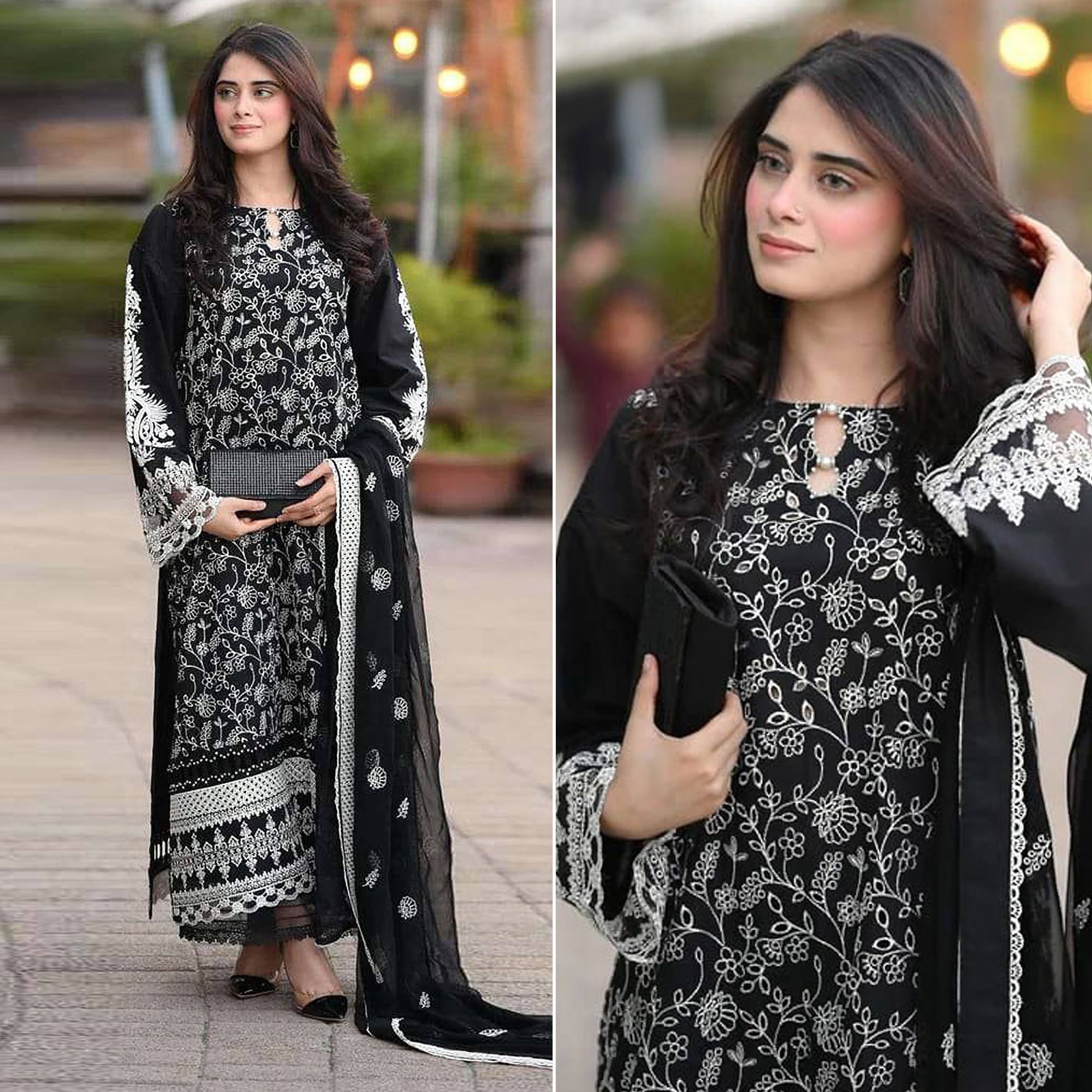 Black Floral Embroiderde Georgette Semi Stitched Pakistani Suit