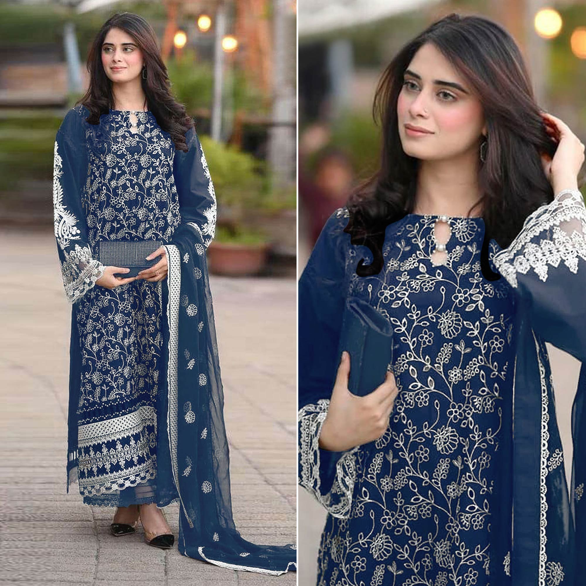 Blue Floral Embroidered Georgette Semi Stitched Pakistani Suit