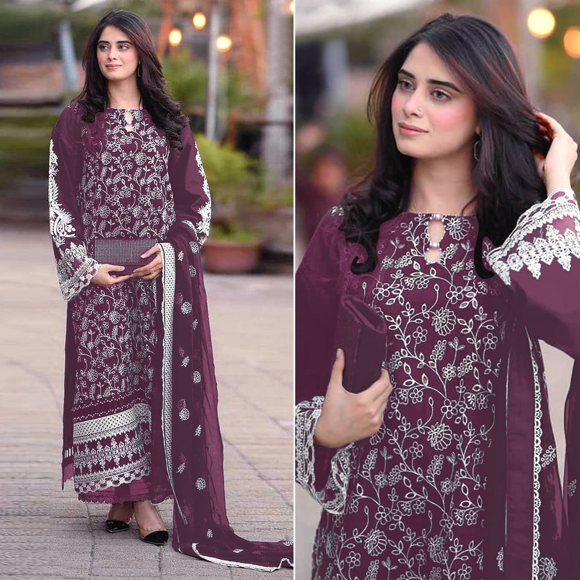 Wine Floral Embroidered Georgette Semi Stitched Pakistani Suit