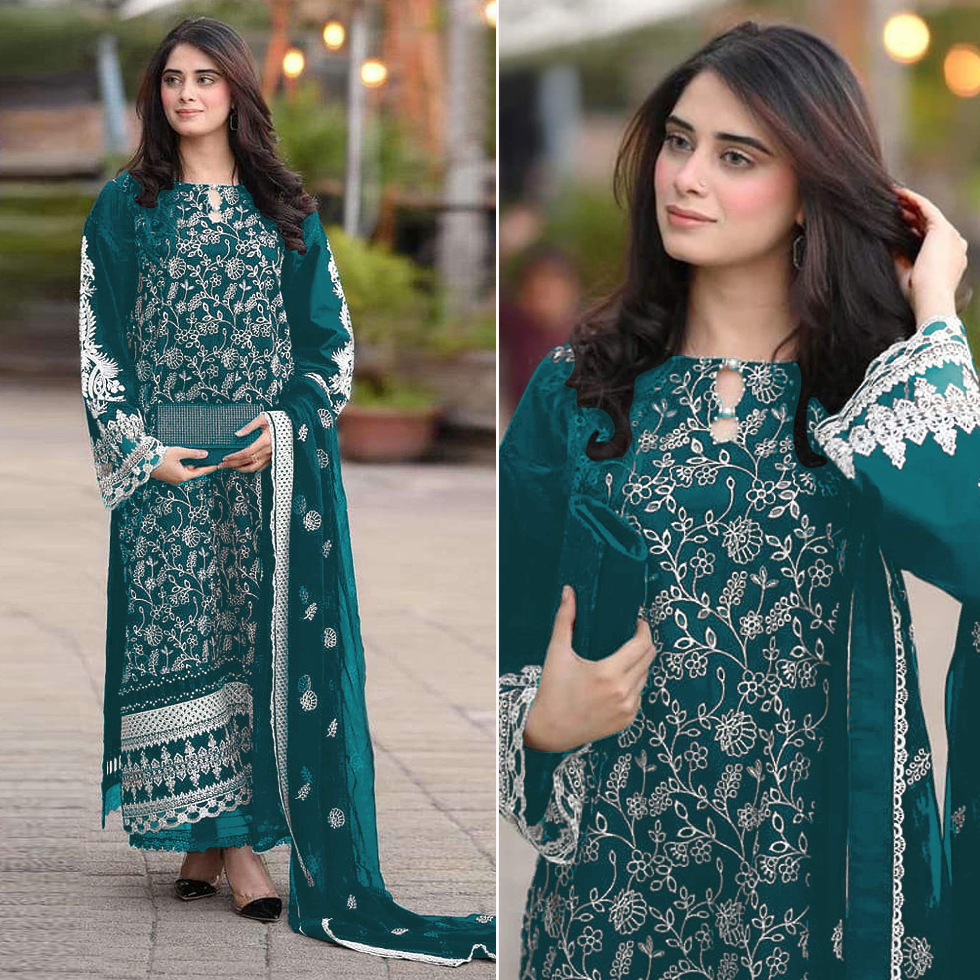 Teal Floral Embroidered Georgette Semi Stitched Pakistani Suit