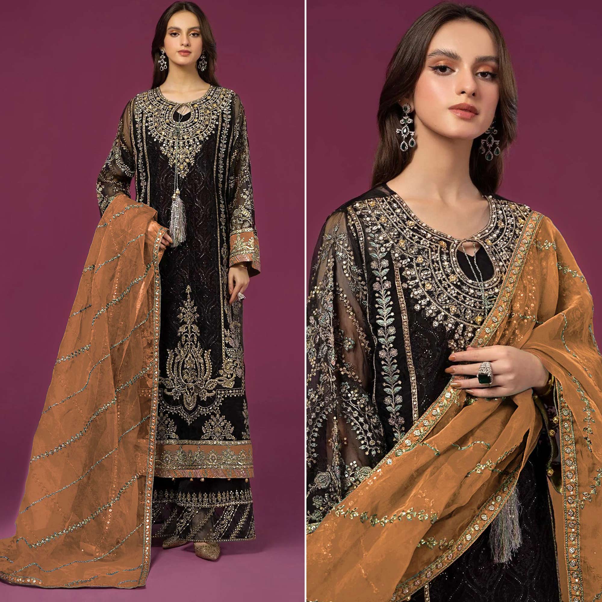 Black & Brown Embroidered Georgette Semi Stitched Pakistani Suit