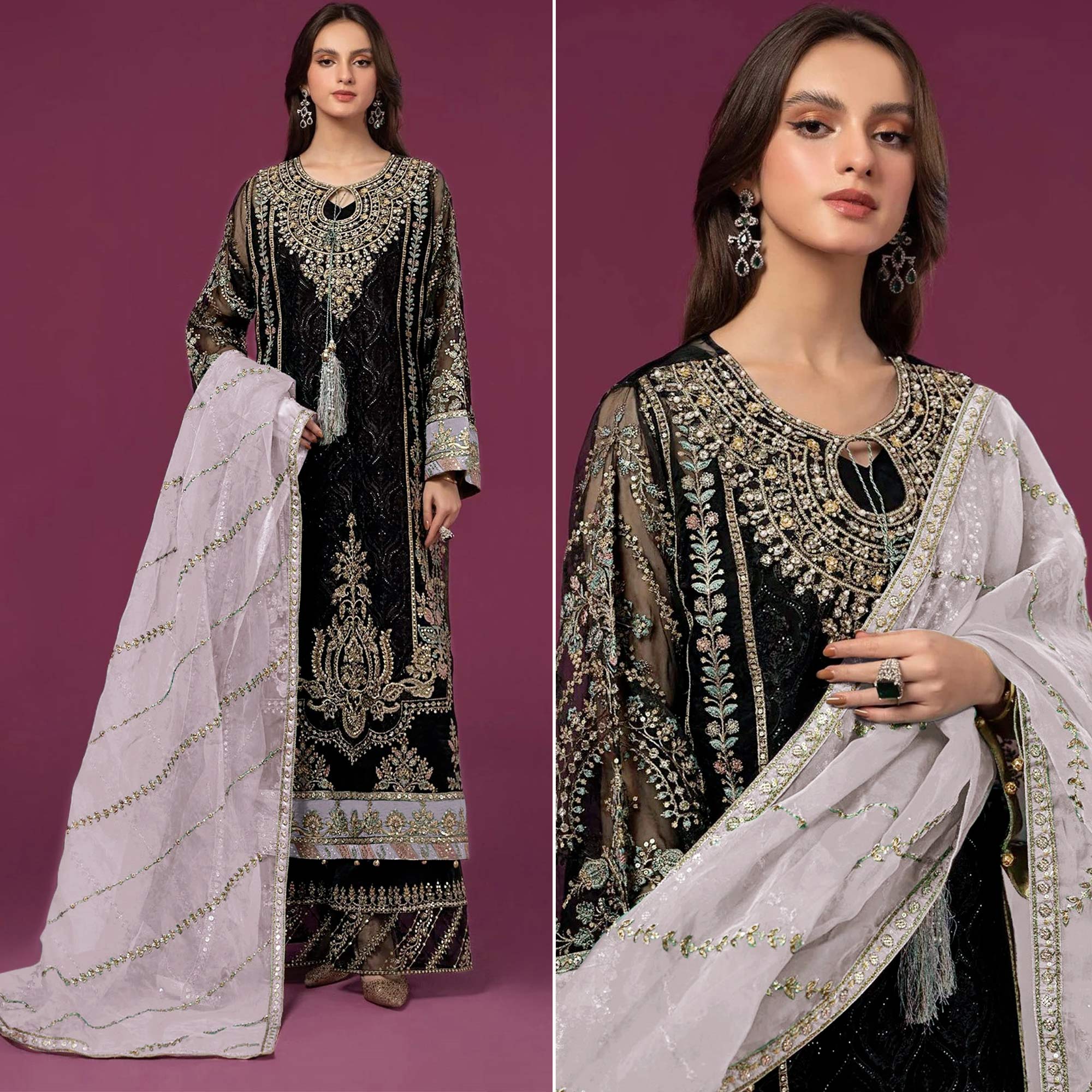 Black & Lavender Embroidered Georgette Semi Stitched Pakistani Suit