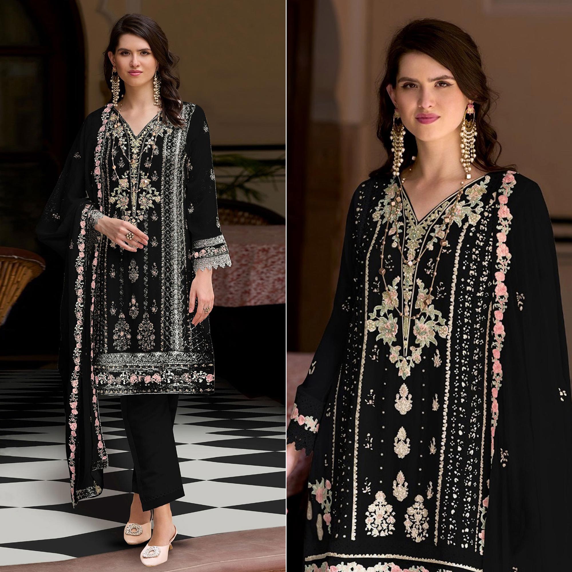 Black Floral Sequins Embroidered Georgette Semi Stitched Pakistani Suit