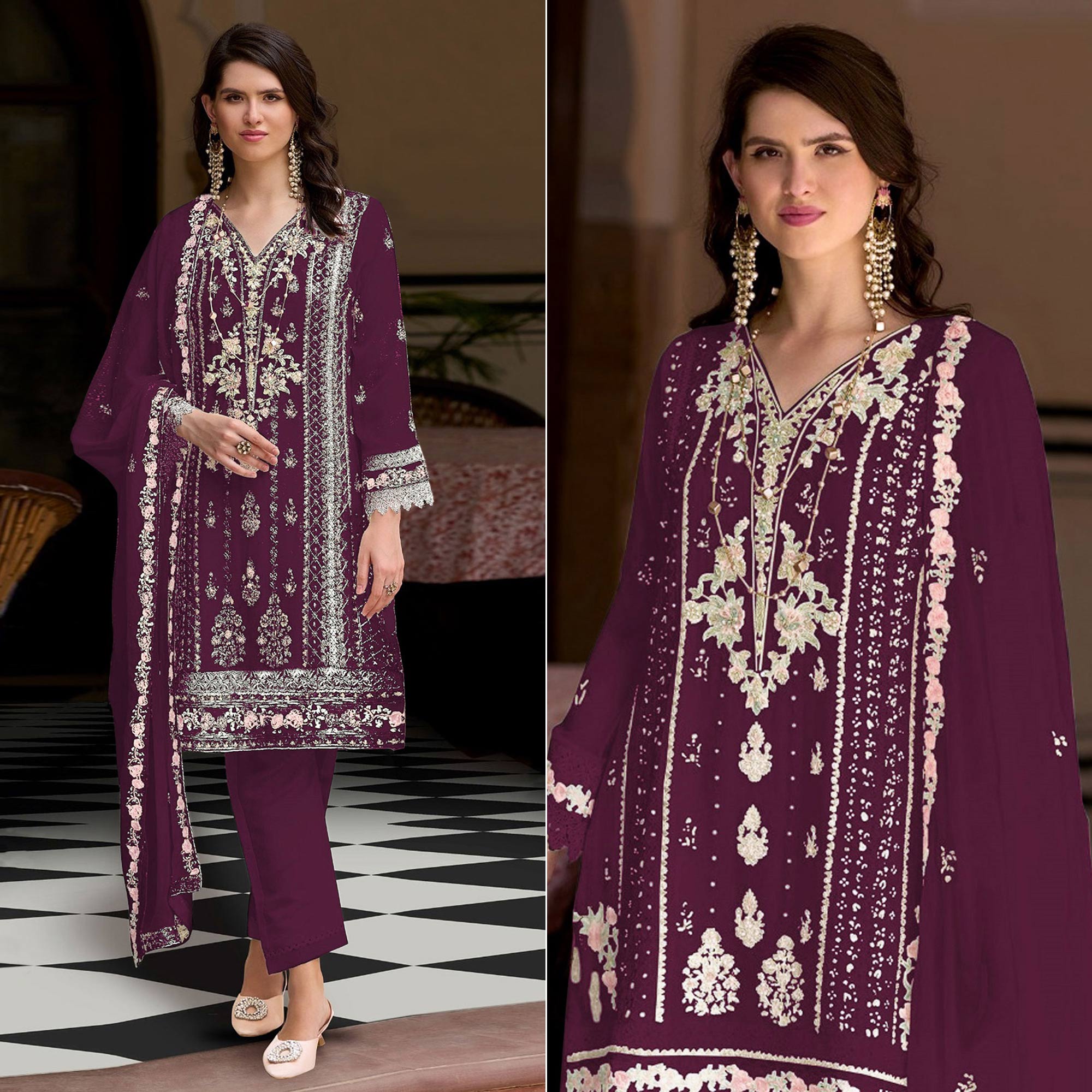 Wine Floral Sequins Embroidered Georgette Semi Stitched Pakistani Suit