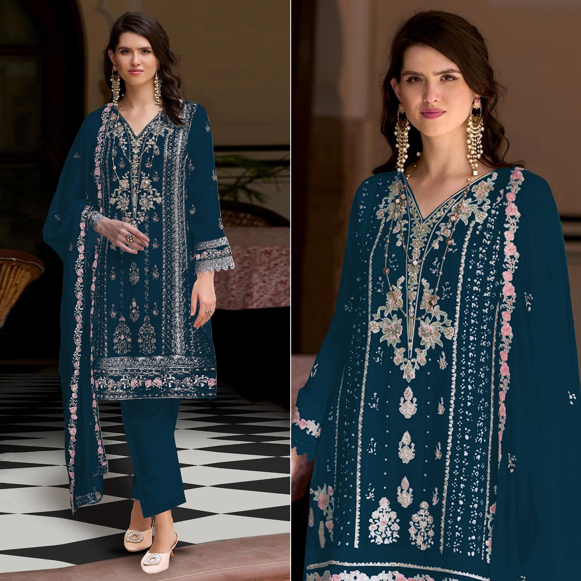 Moprich Floral Sequins Embroidered Georgette Semi Stitched Pakistani Suit