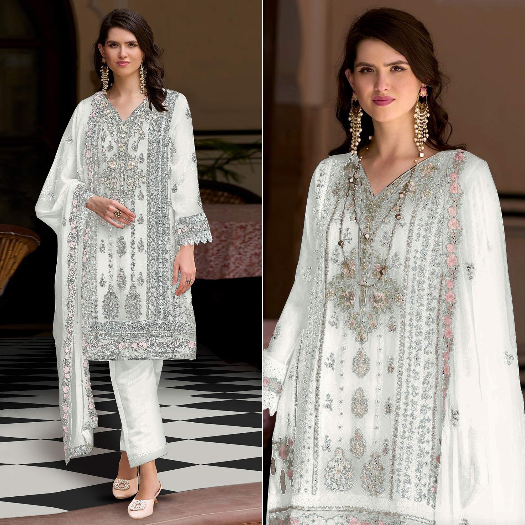 White Floral Sequins Embroidered Georgette Semi Stitched Pakistani Suit