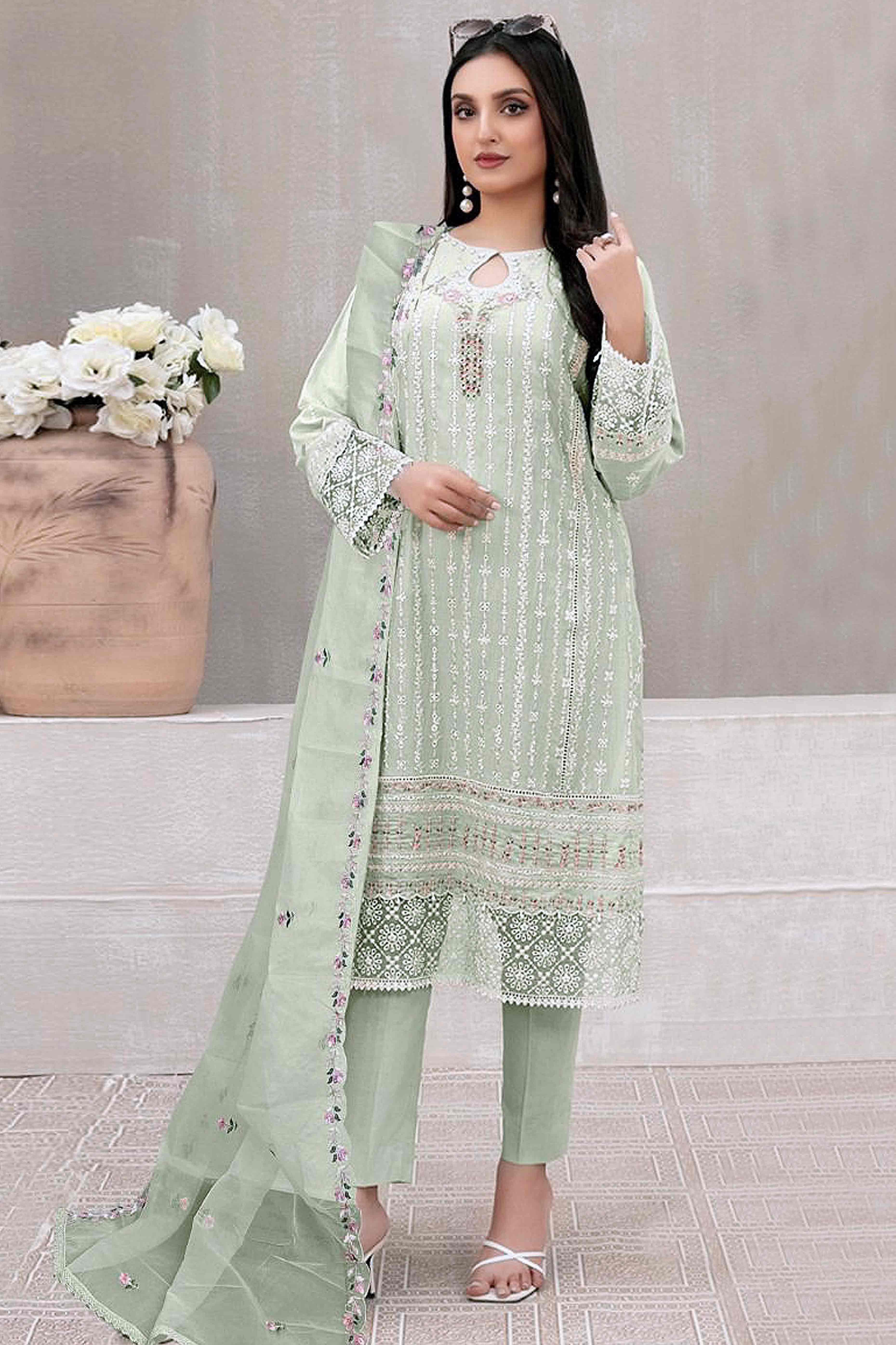 Green Floral Embroidered Georgette Semi Stitched Pakistani Suit