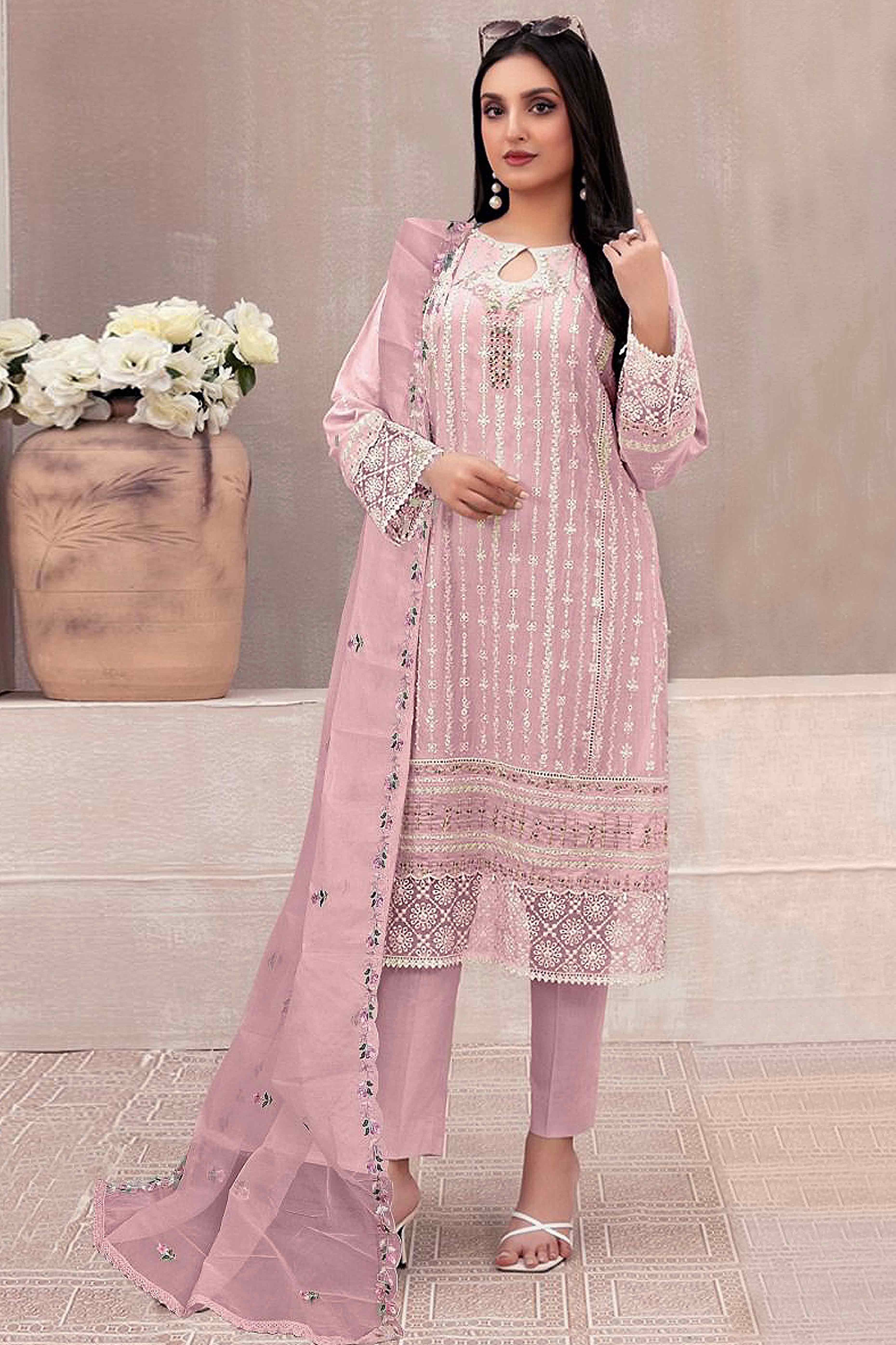 Light Pink Floral Embroidered Georgette Semi Stitched Pakistani Suit