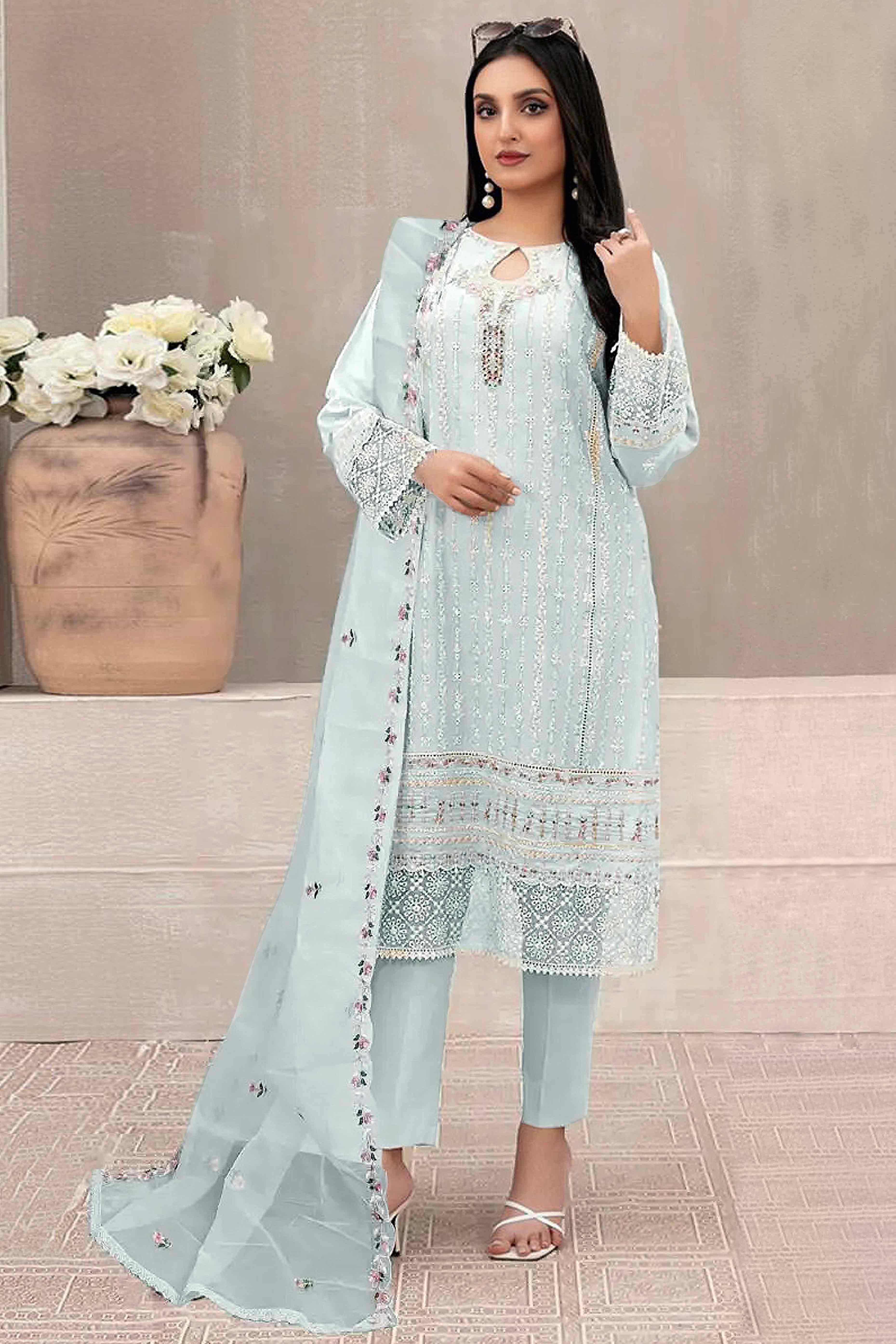 Sky Blue Floral Embroidered Georgette Semi Stitched Pakistani Suit