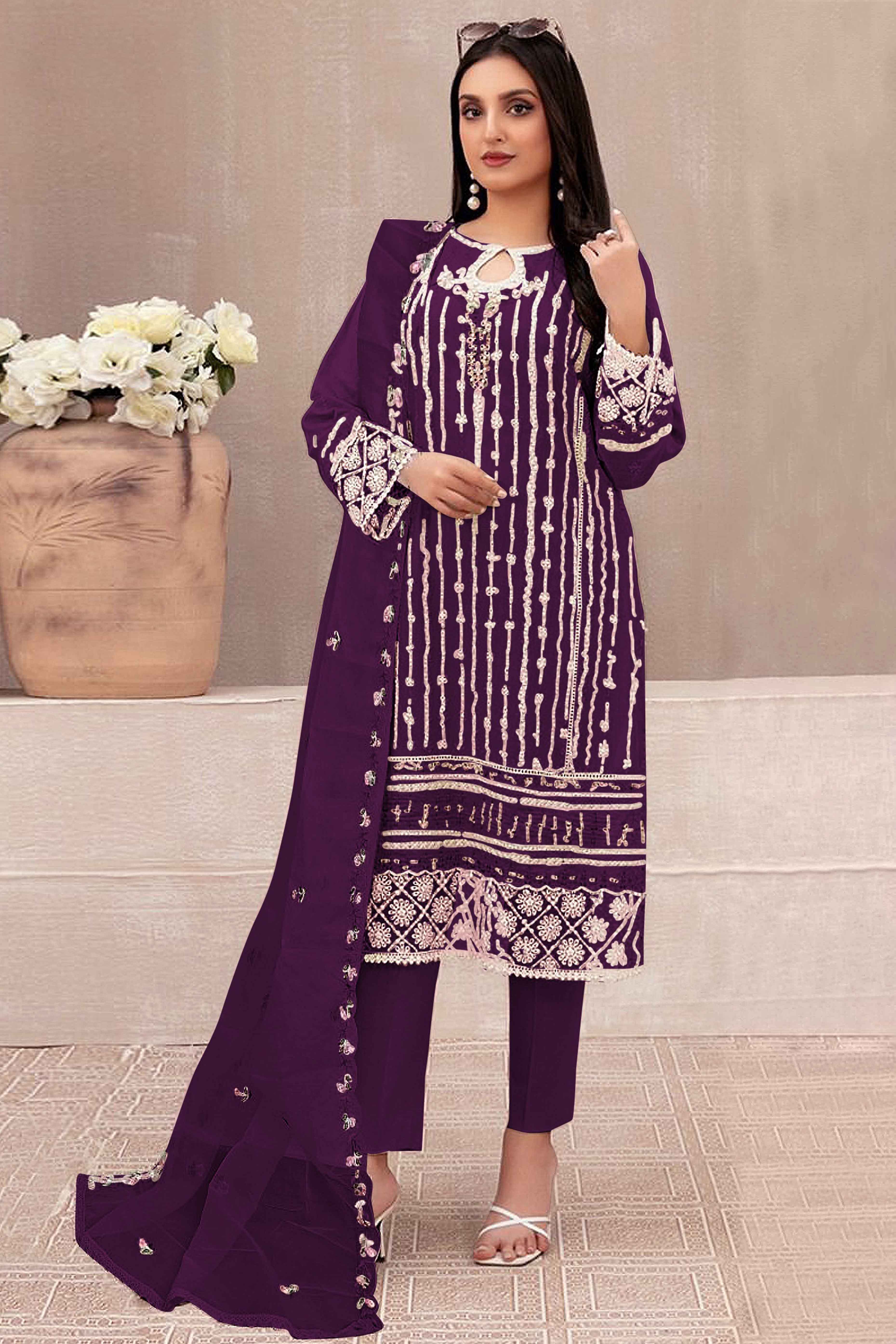 Dark Purple Floral Embroidered Georgette Semi Stitched Pakistani Suit