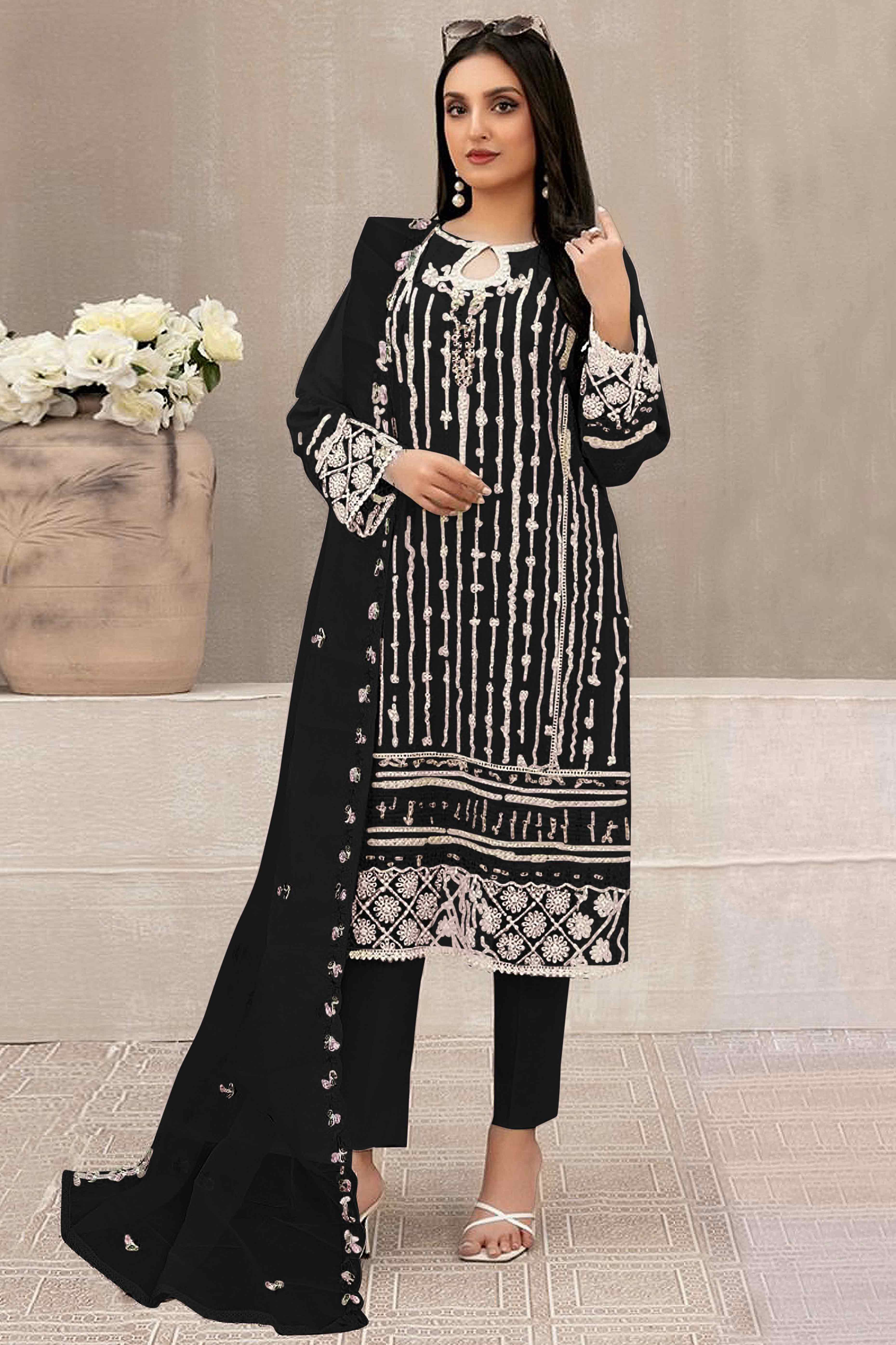 Black Floral Embroidered Georgette Semi Stitched Pakistani Suit