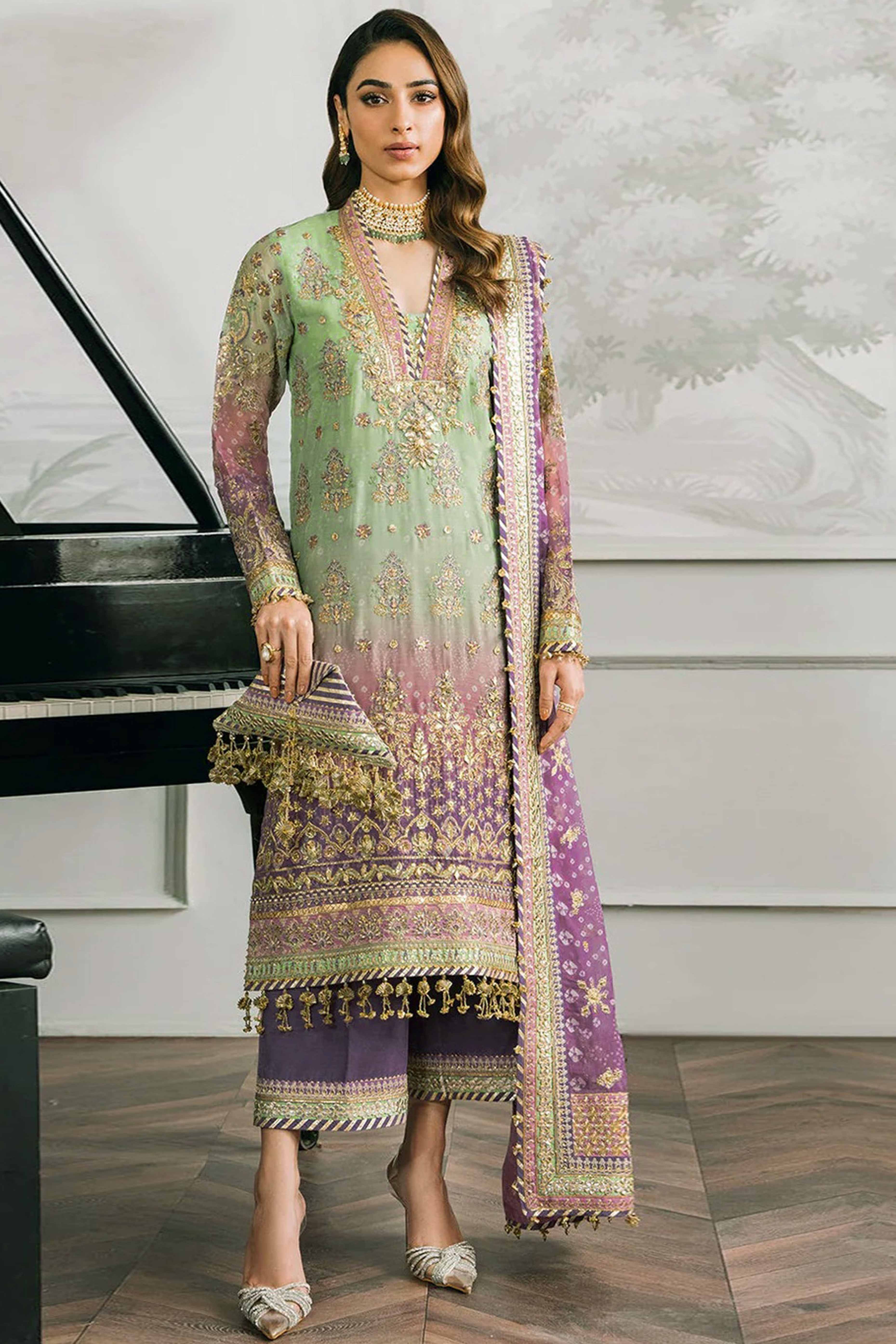 Green Digital Print With Sequins Embroidery Georgette Semi Stitched Pakistani Suit