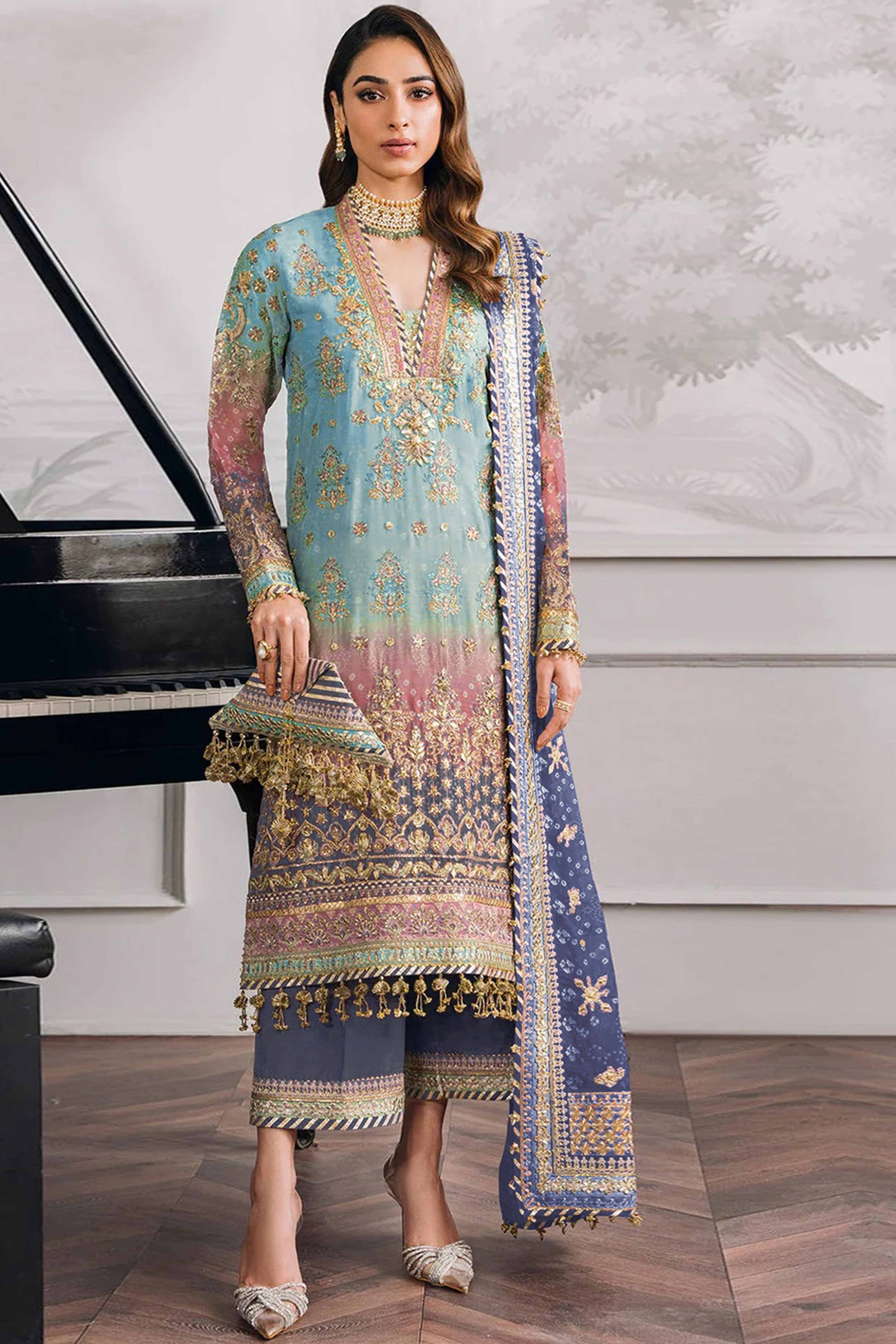 Sky Blue Digital Print With Sequins Embroidery Georgette Semi Stitched Pakistani Suit