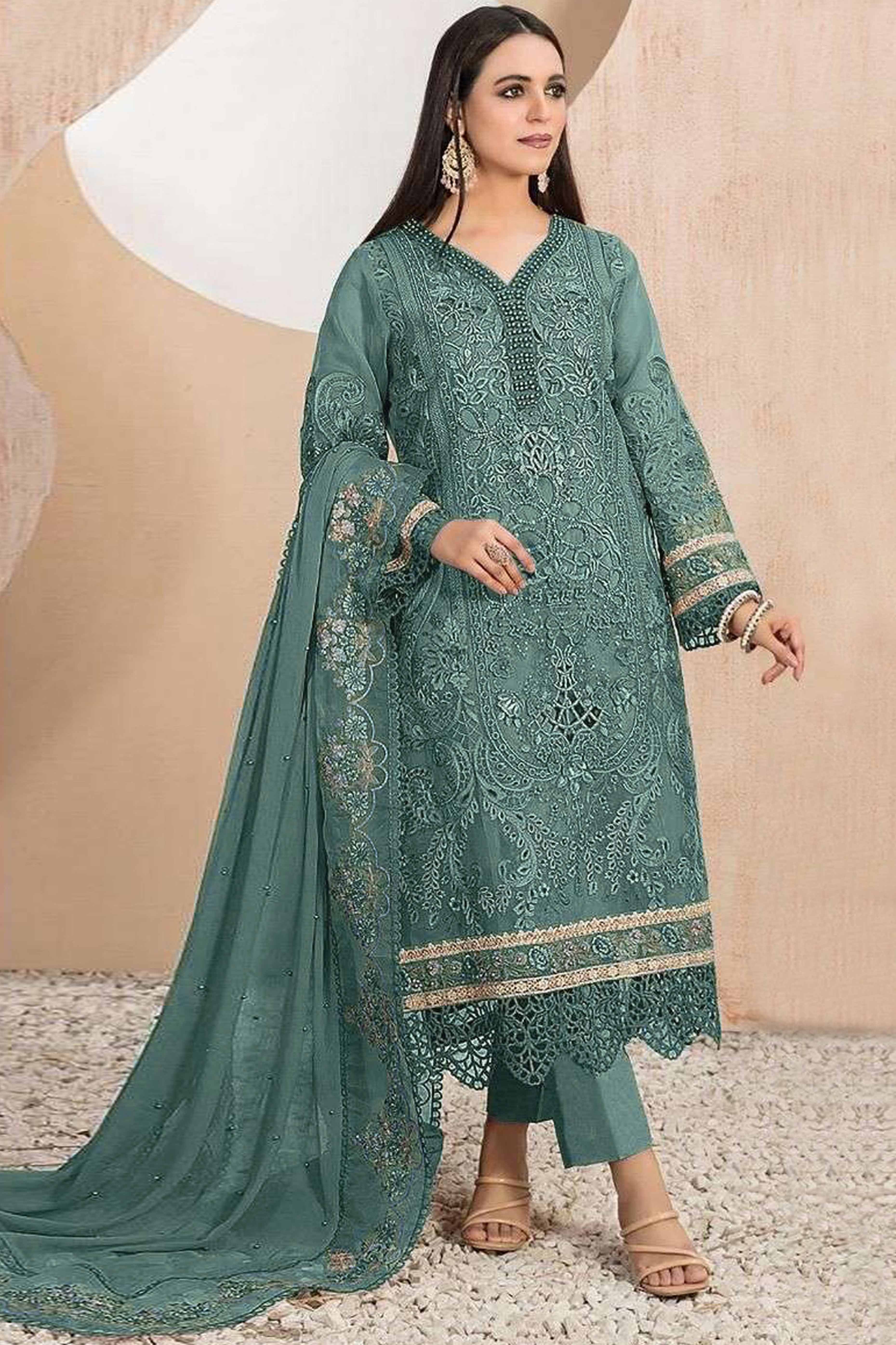 Green Floral Sequins Embroidery With Motiwork Organza Semi Stitched Pakistani Suit