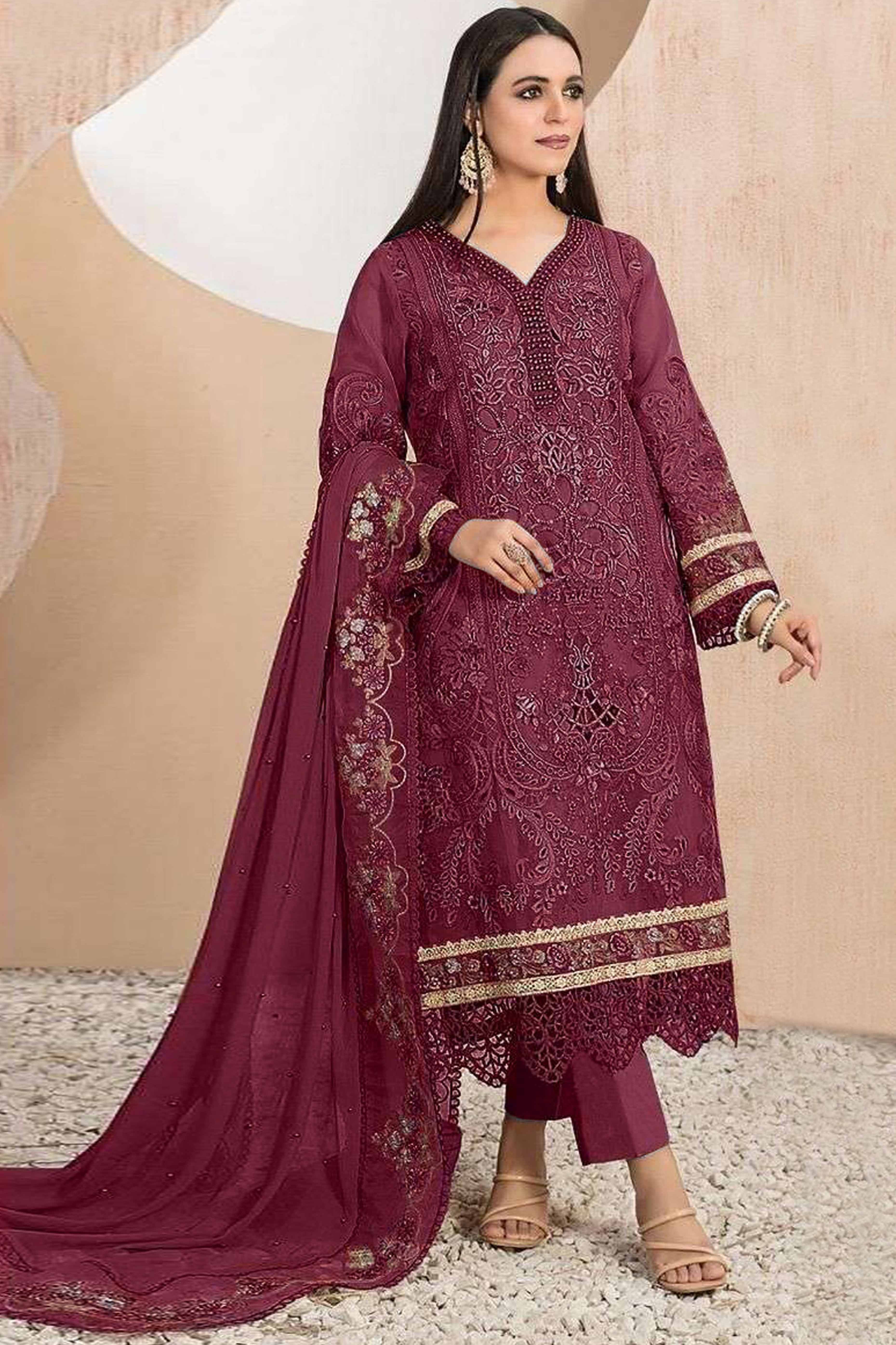 Wine Floral Sequins Embroidery With Motiwork Organza Semi Stitched Pakistani Suit