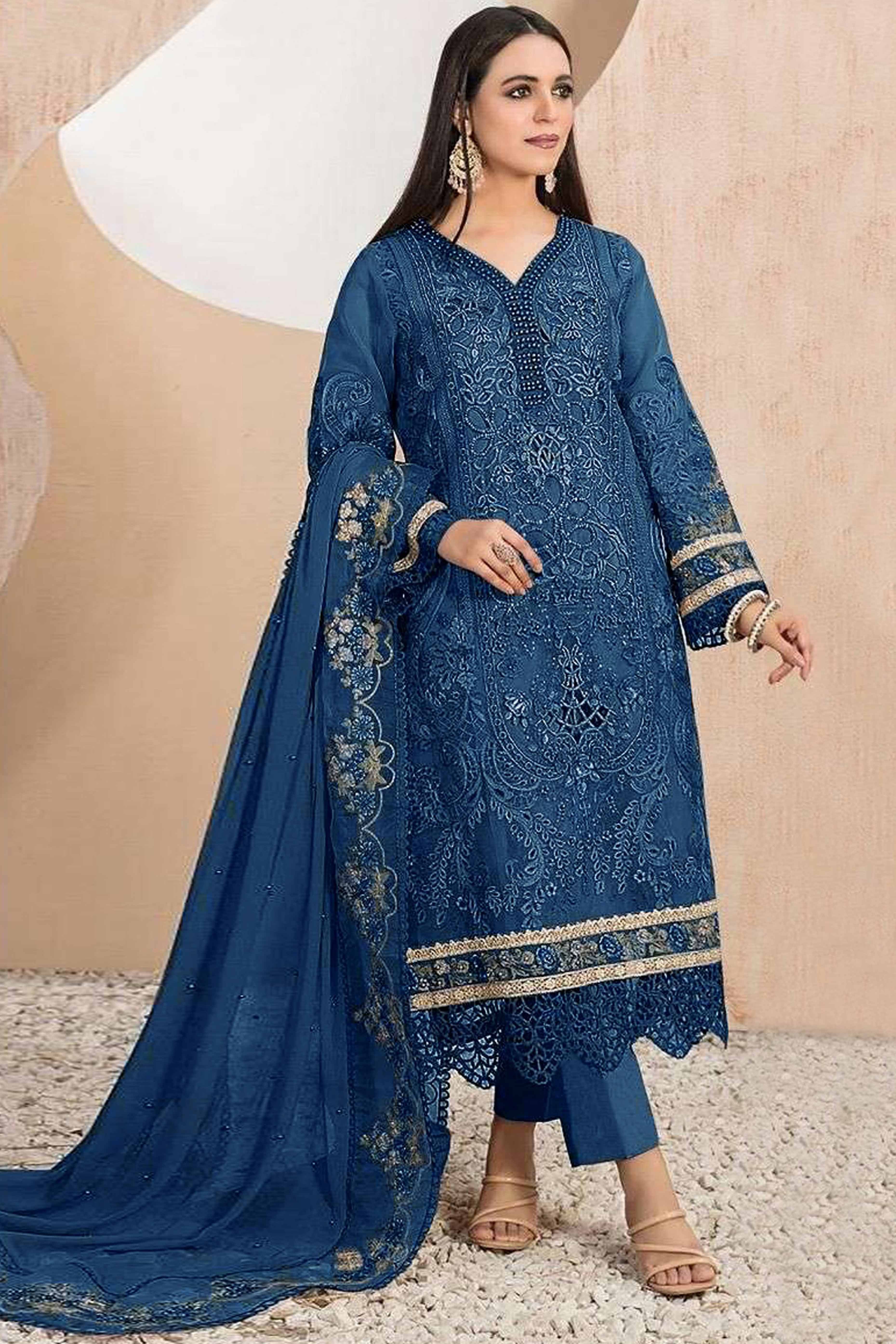 Blue Floral Sequins Embroidery With Motiwork Organza Semi Stitched Pakistani Suit