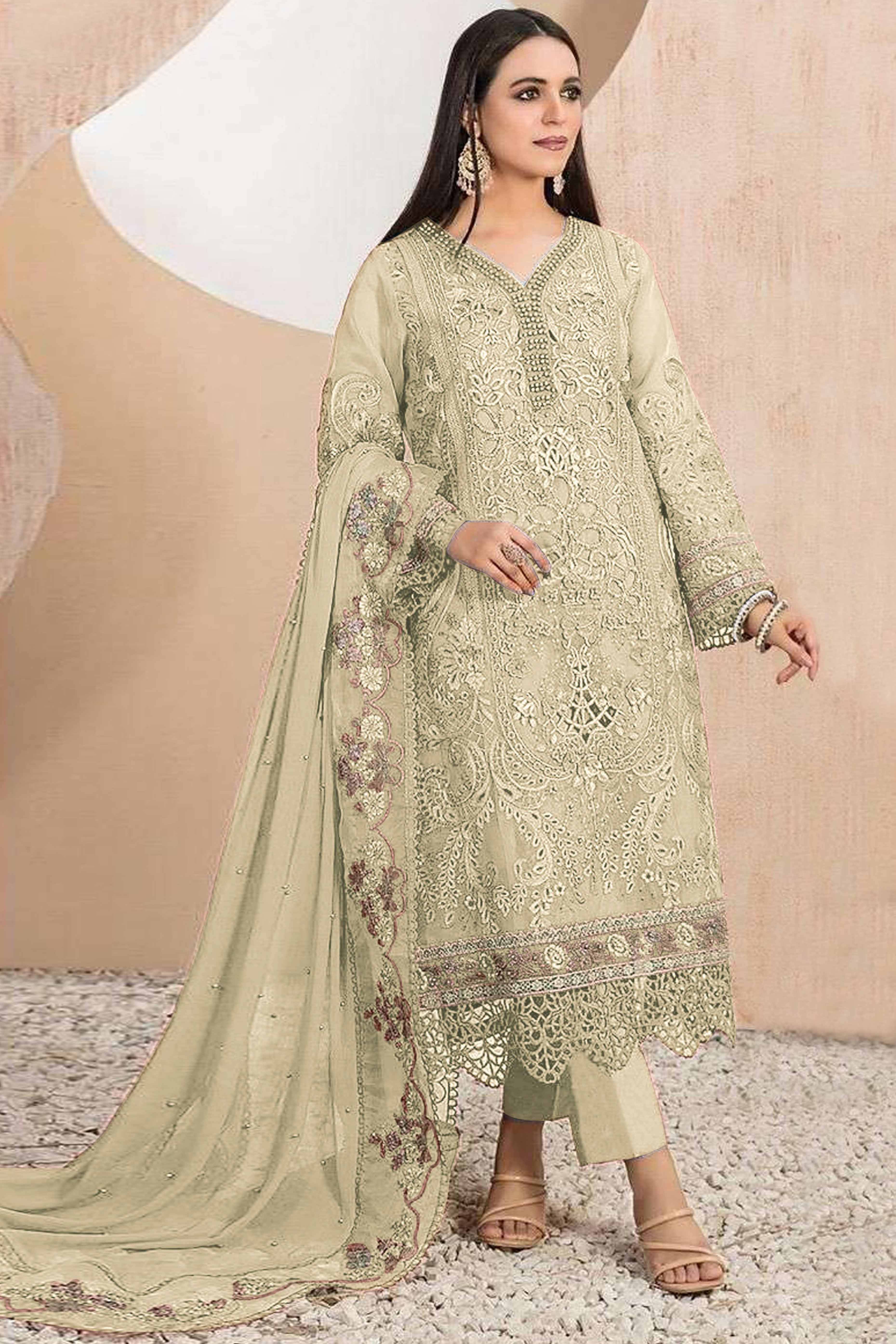 Cream Floral Sequins Embroidery With Motiwork Organza Semi Stitched Pakistani Suit