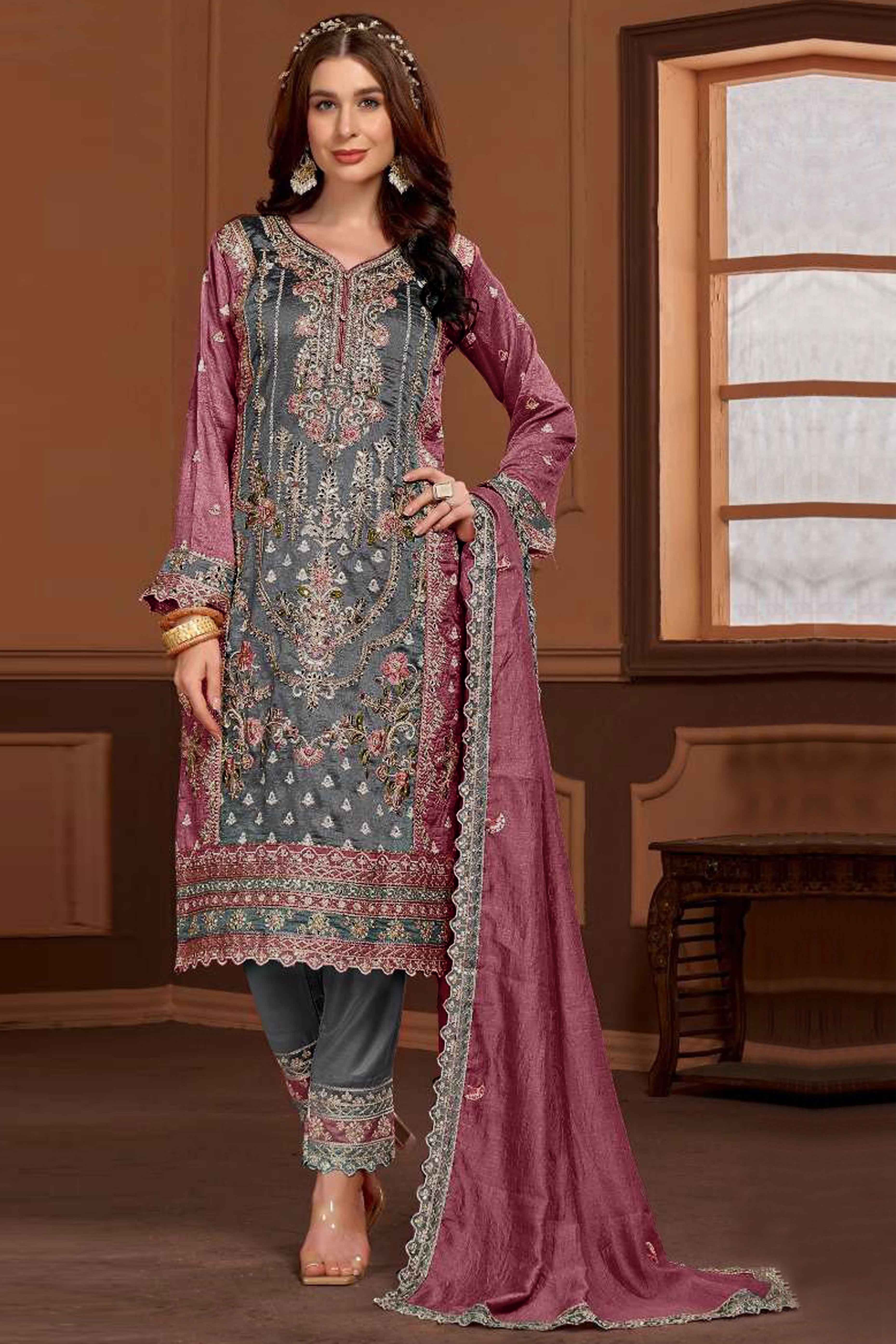 Grey & Mauve Floral Sequins Embroidery Vichitra Silk Semi Stitched Pakistani Suit