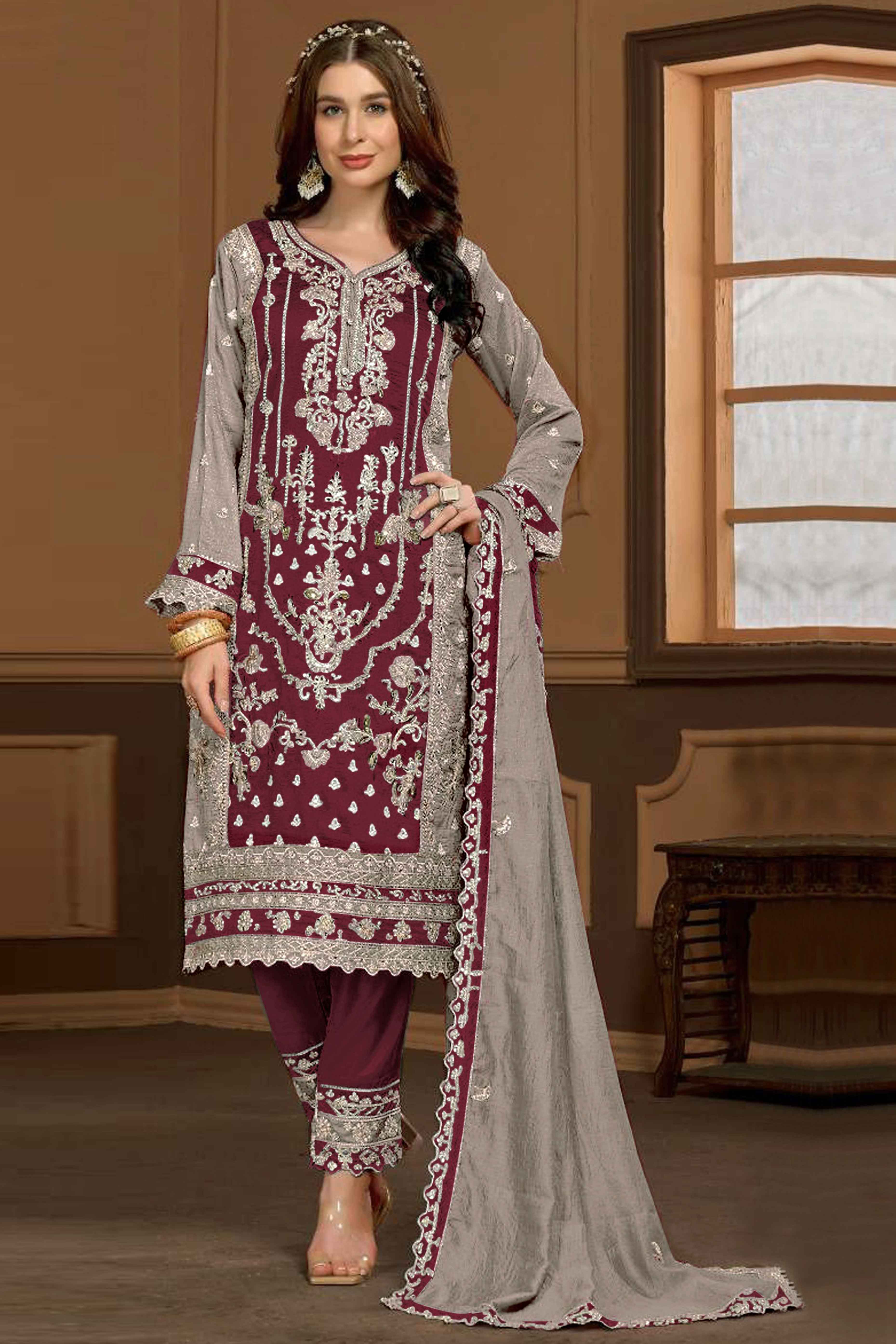 Wine & Grey Floral Sequins Embroidery Vichitra Silk Semi Stitched Pakistani Suit