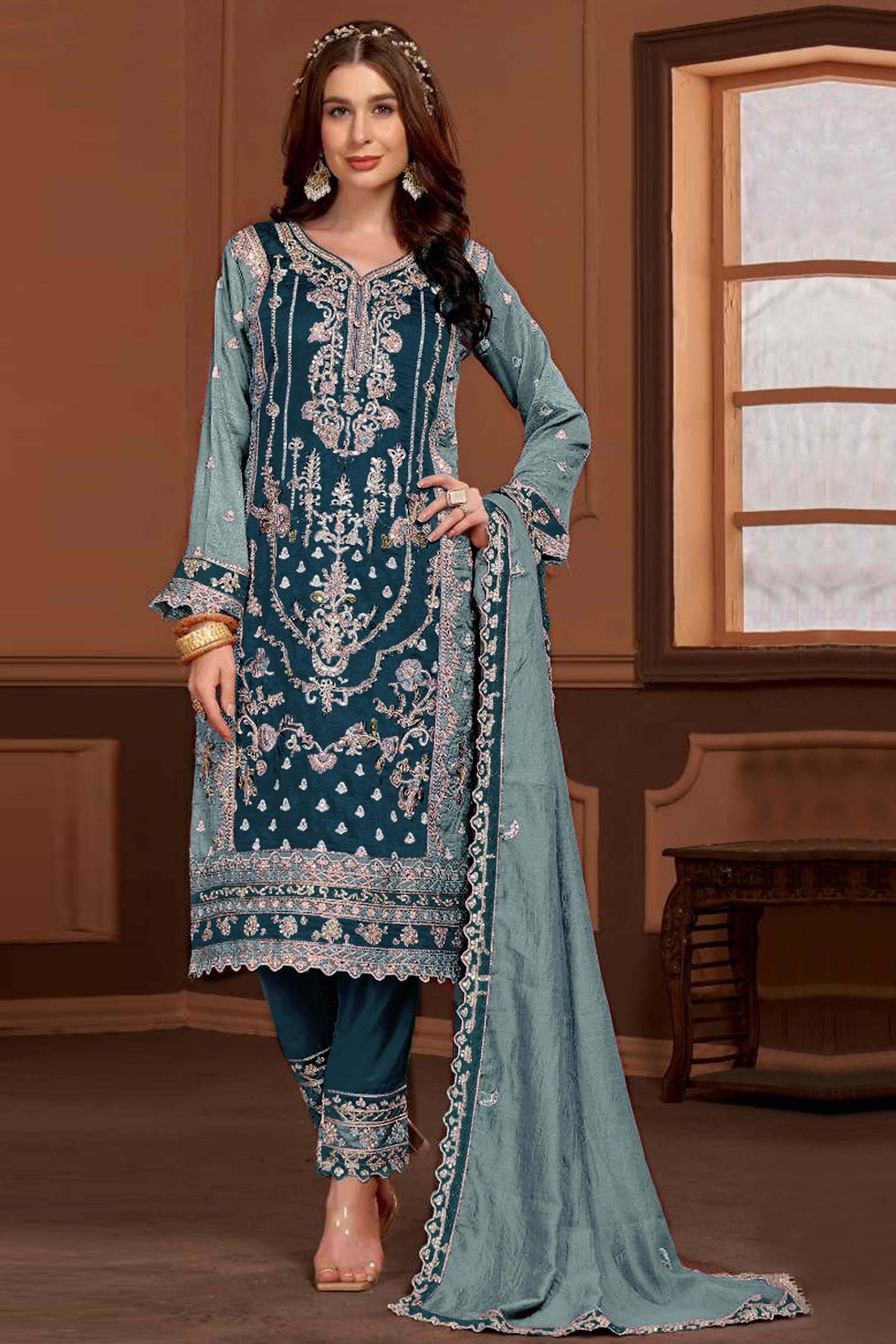 Morpich Blue Floral Sequins Embroidery Vichitra Silk Semi Stitched Pakistani Suit