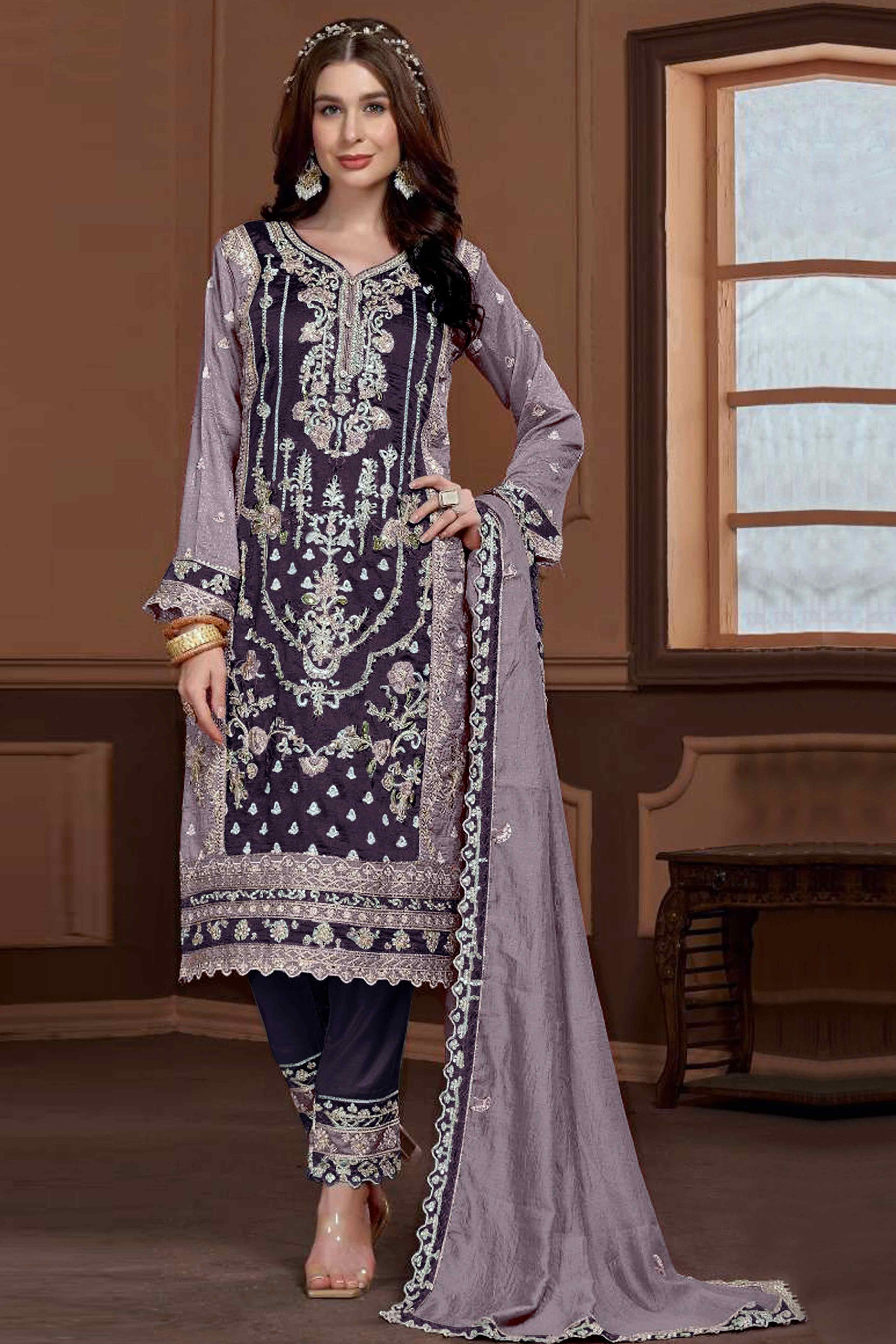 Purple Floral Sequins Embroidery Vichitra Silk Semi Stitched Pakistani Suit