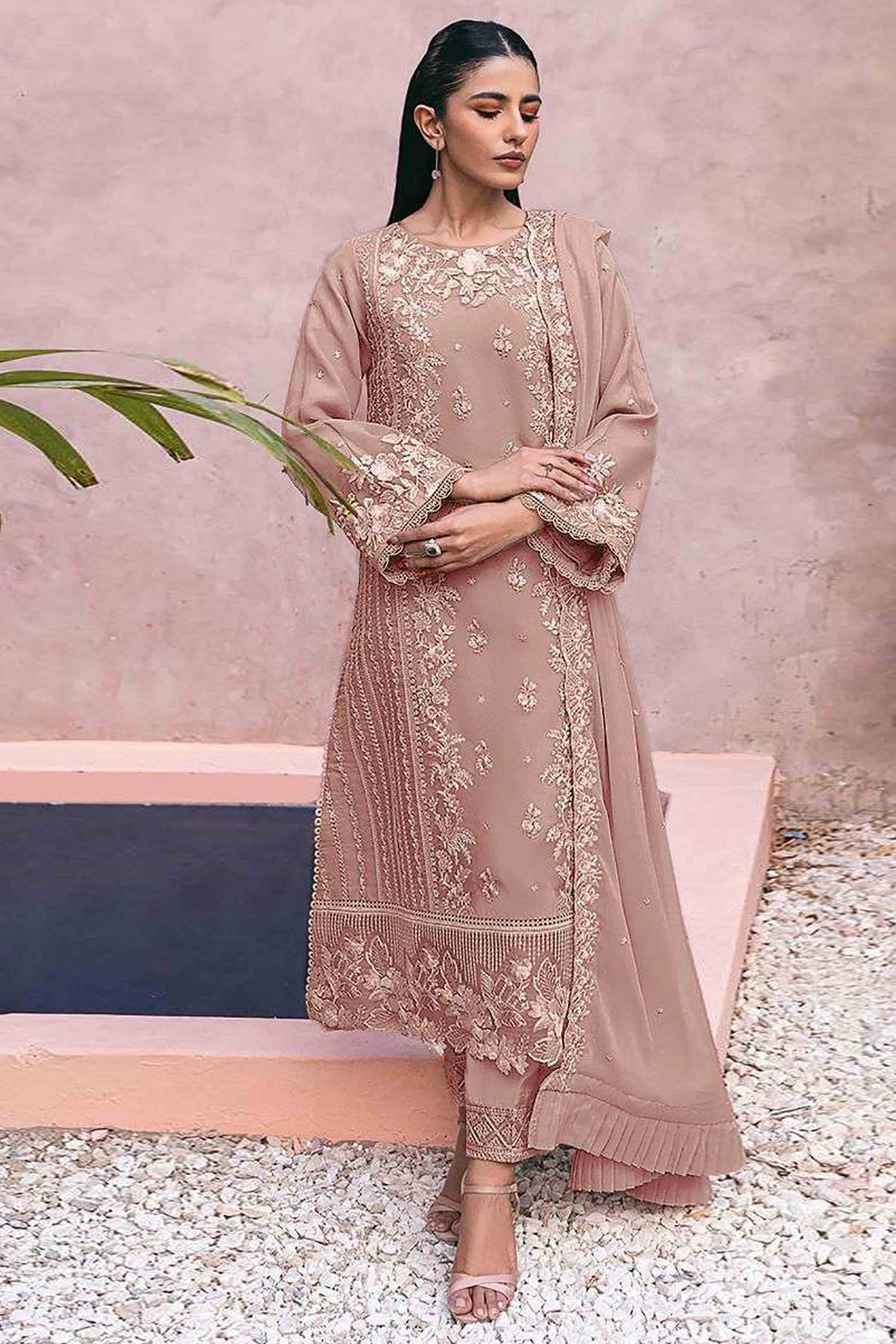 Dusty Peach Floral Embroidery Georgette Semi Stitched Pakistani Suit