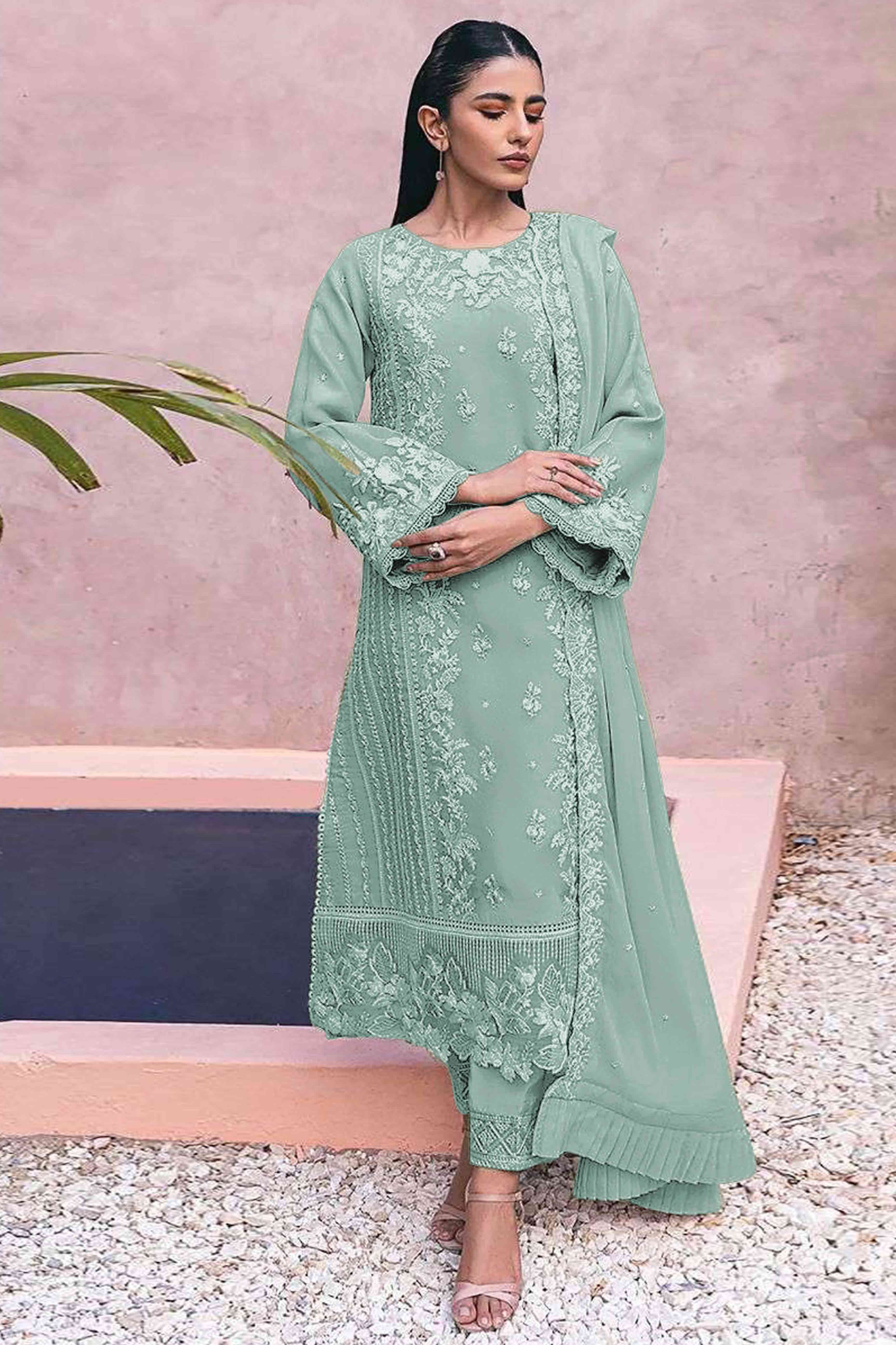 Sea Green Floral Embroidery Georgette Semi Stitched Pakistani Suit
