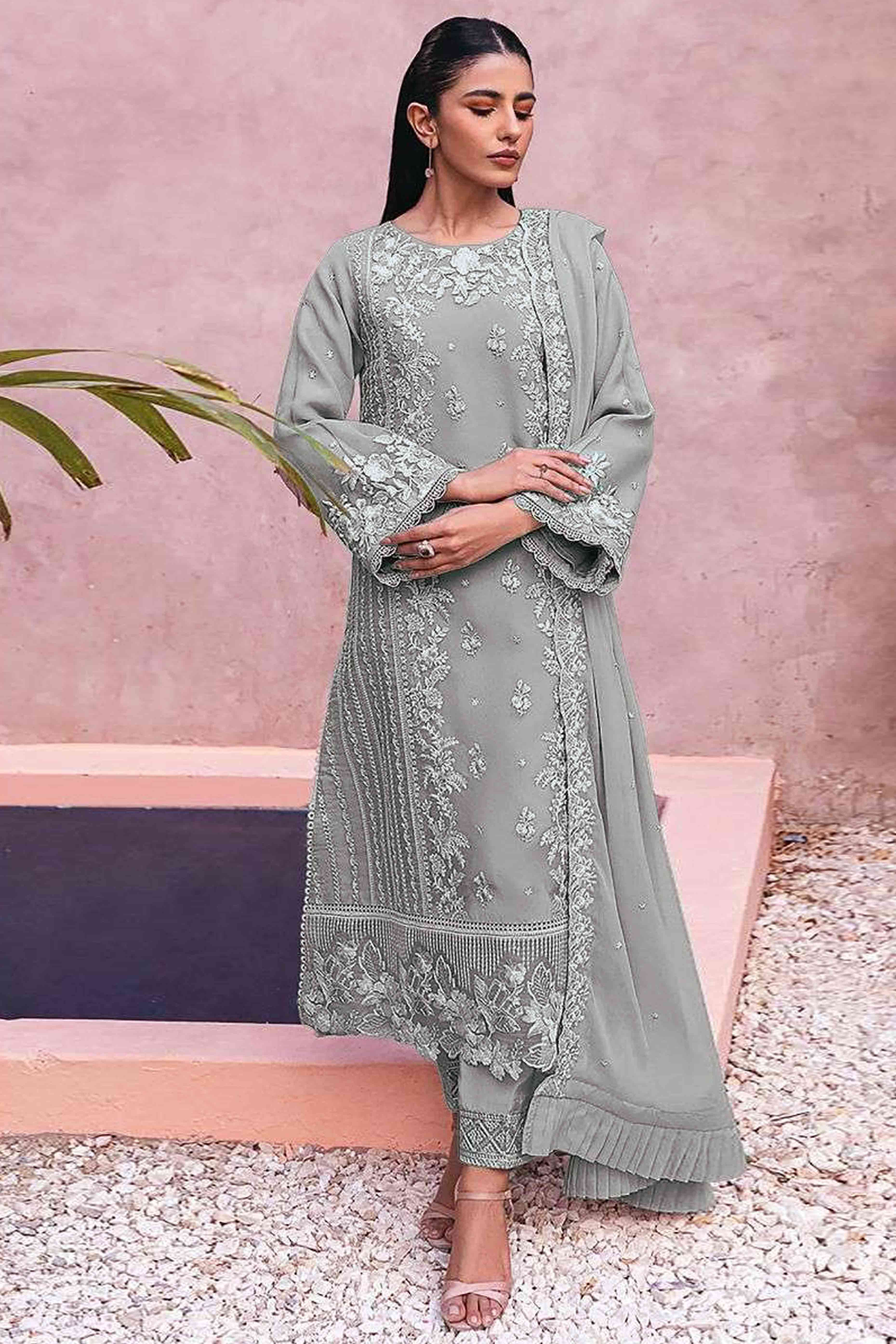Grey Floral Embroidery Georgette Semi Stitched Pakistani Suit
