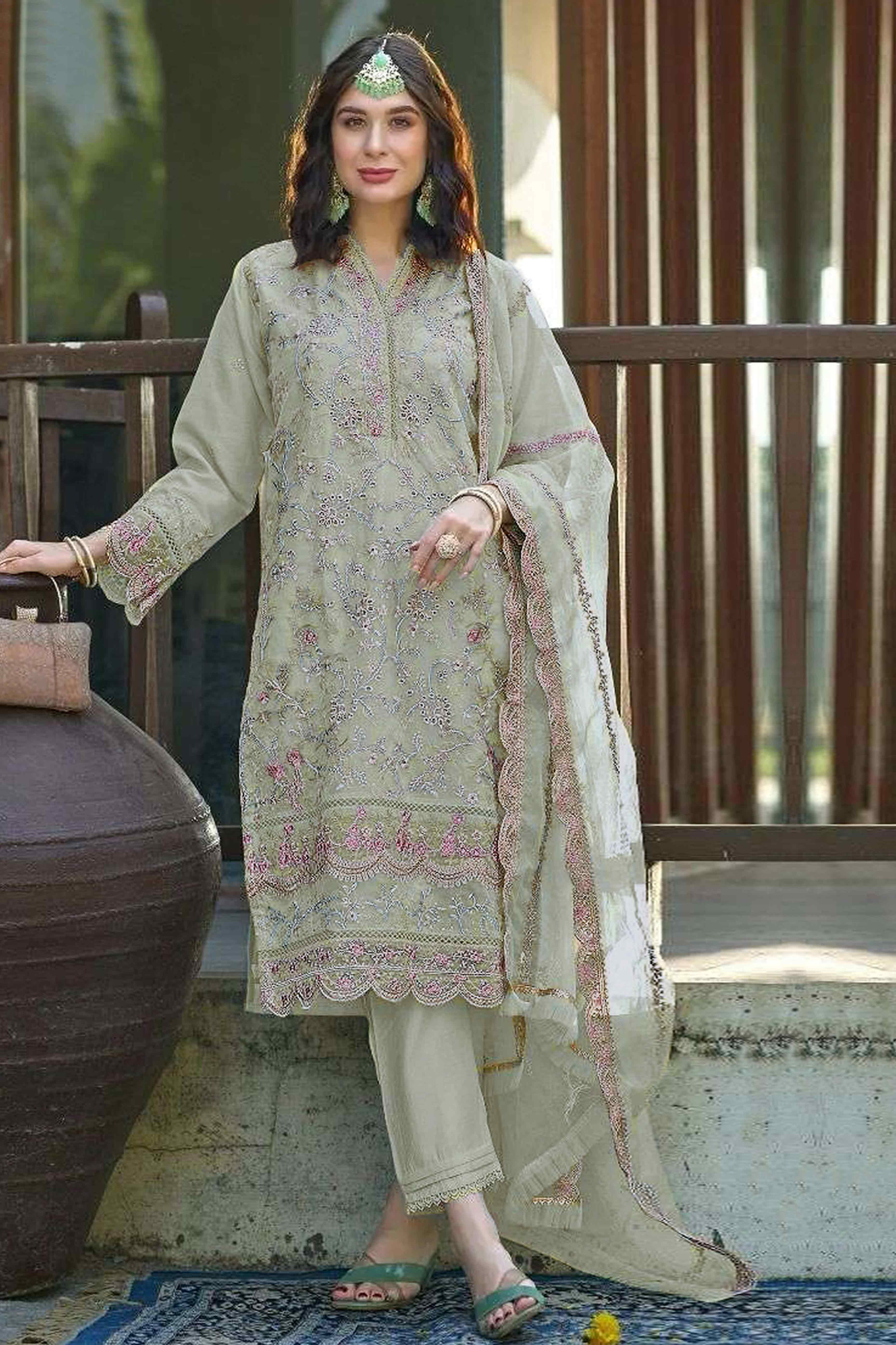 Pista Green Floral Sequins Embroidery Organza Semi Stitched Pakistani Suit