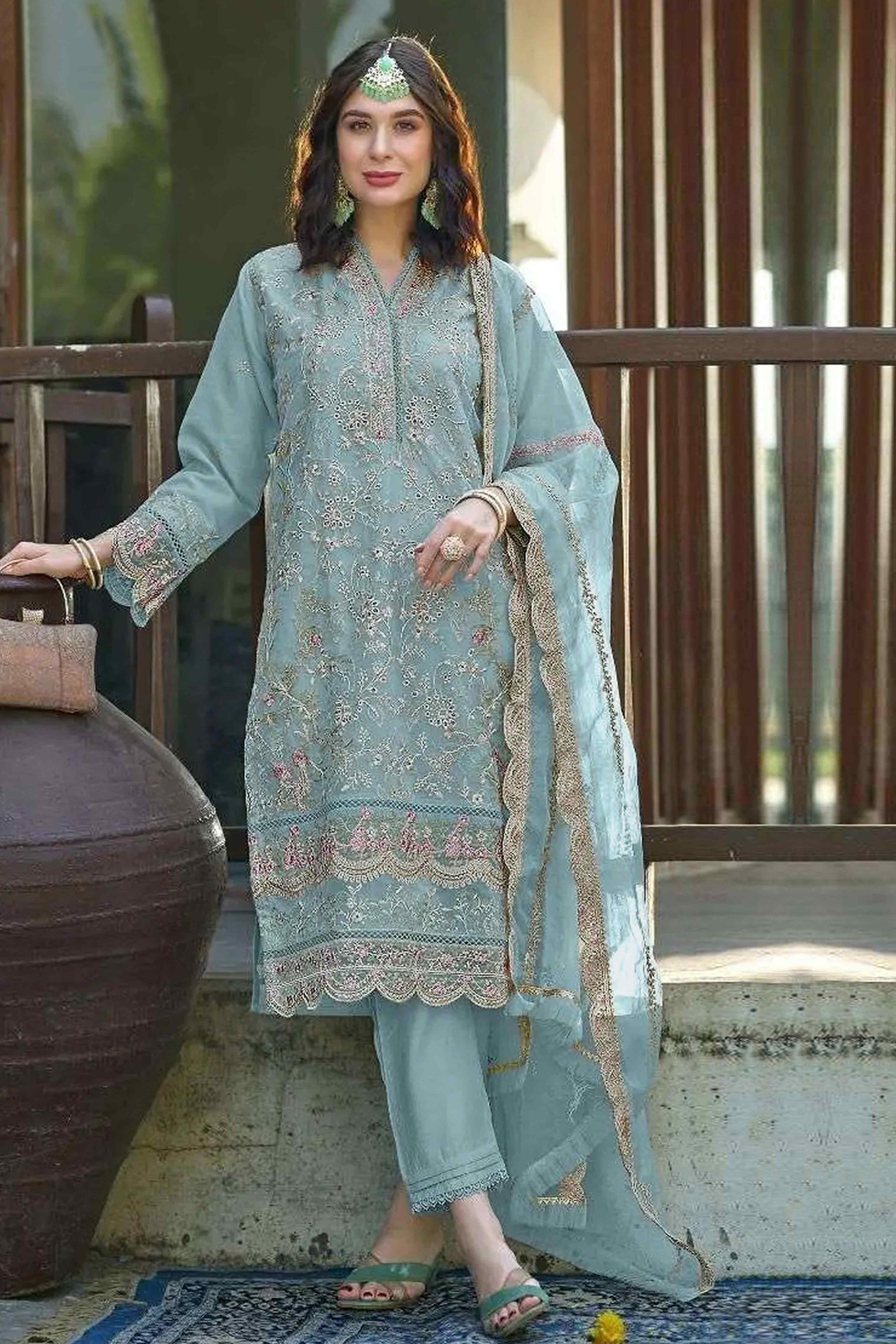 Sky Blue Floral Sequins Embroidery Organza Semi Stitched Pakistani Suit