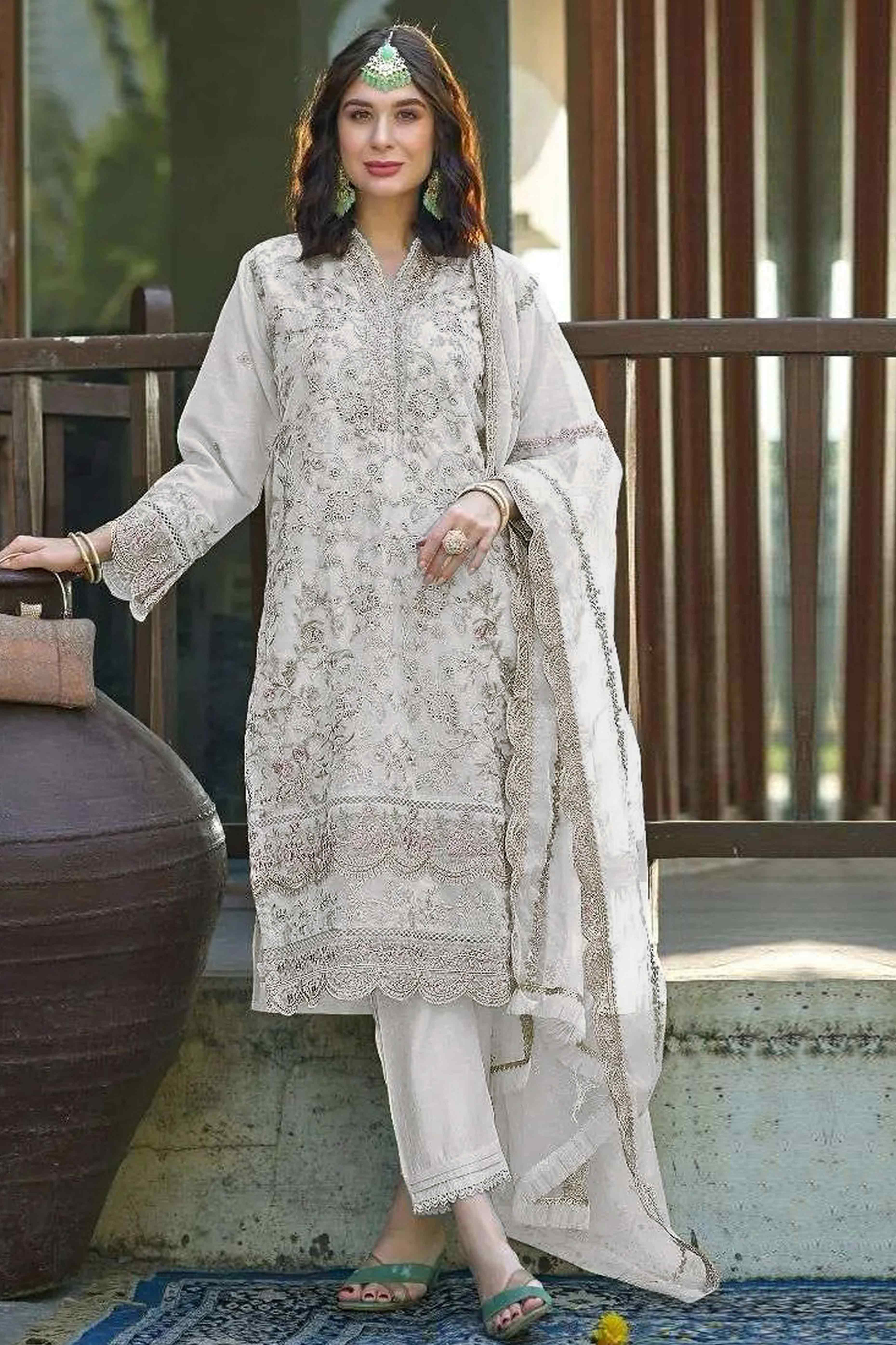 Cream Floral Sequins Embroidery Organza Semi Stitched Pakistani Suit